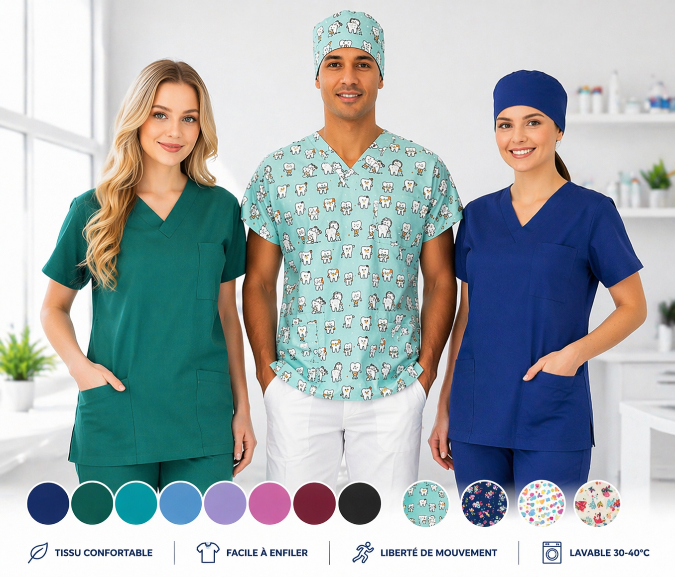 Blouses médicales mixtes col V _ Couleurs et motifs