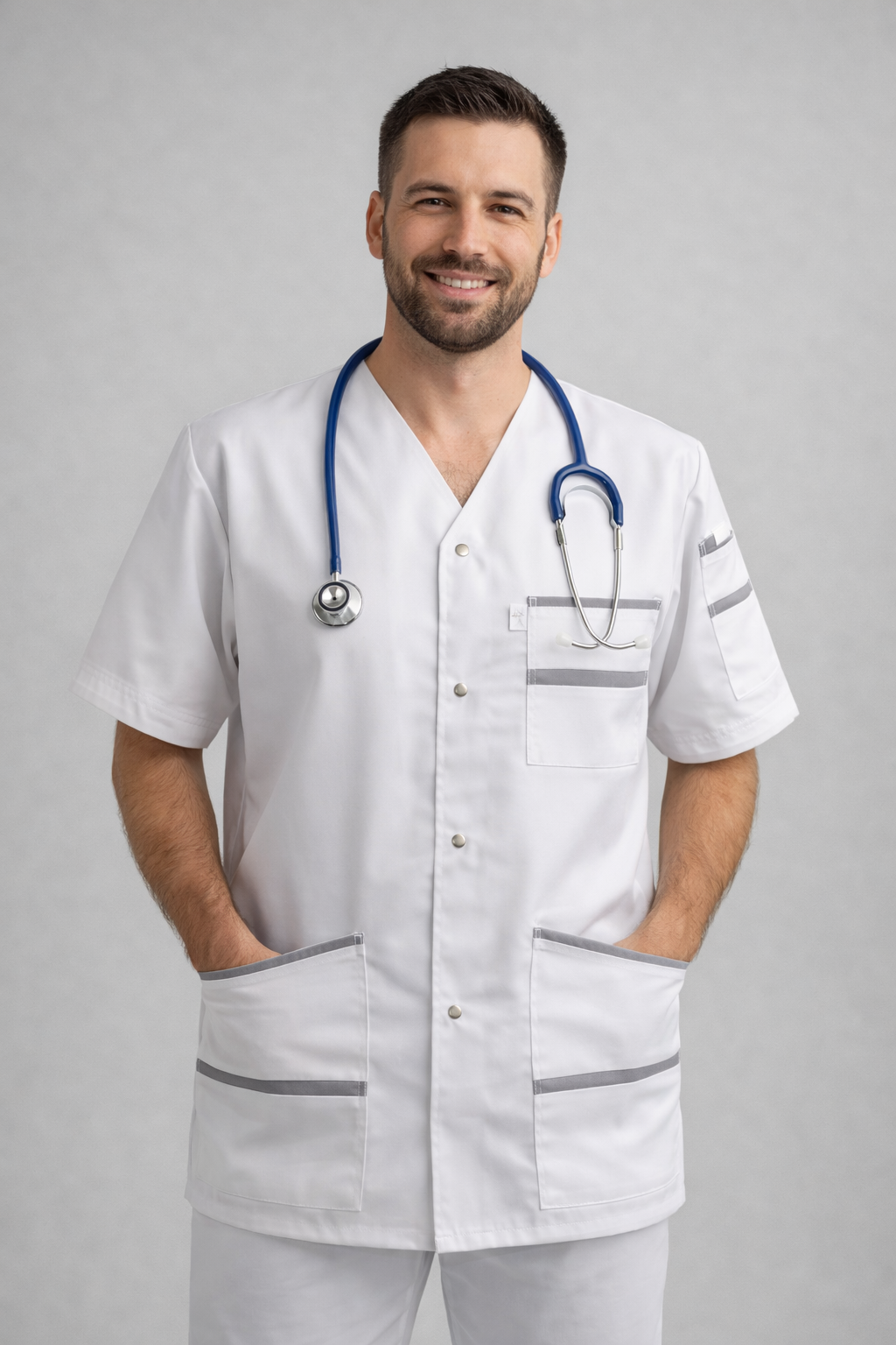 Men's white scrub top with colored trim V-neck – snap buttons