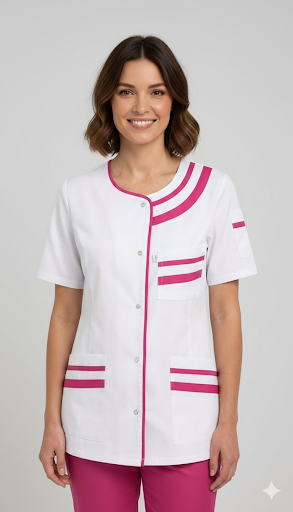 Blouse médicale femme blanche parement couleur et boutons pression