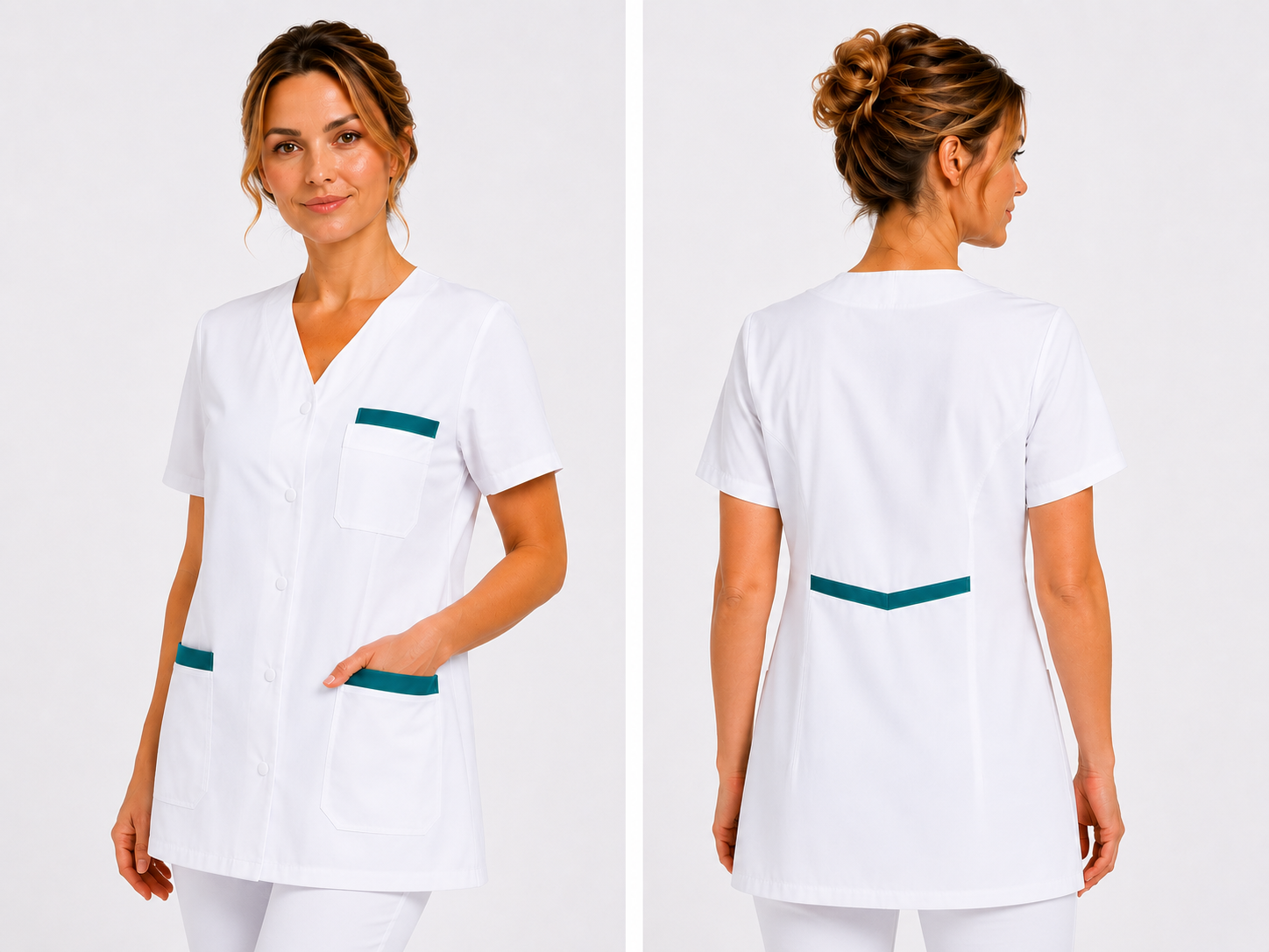 Blouse Médicale Blanche Femme Professionnelle – Longueur 73 à 75 cm – Col V – 100% Coton – 5 Poches