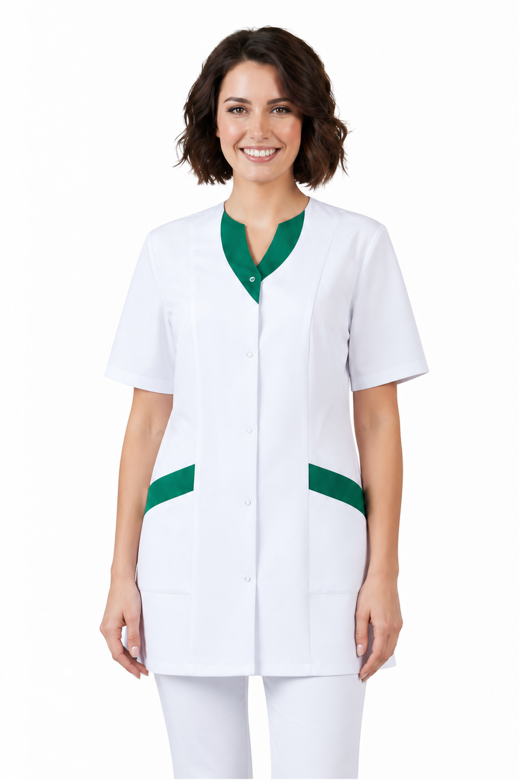 Women's V-neck scrub top with snap buttons and colored trim