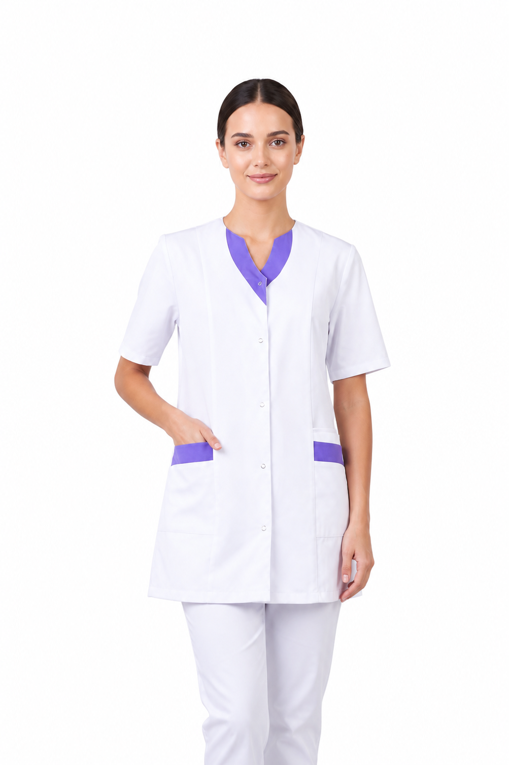 Women's V-neck scrub top with snap buttons and colored trim