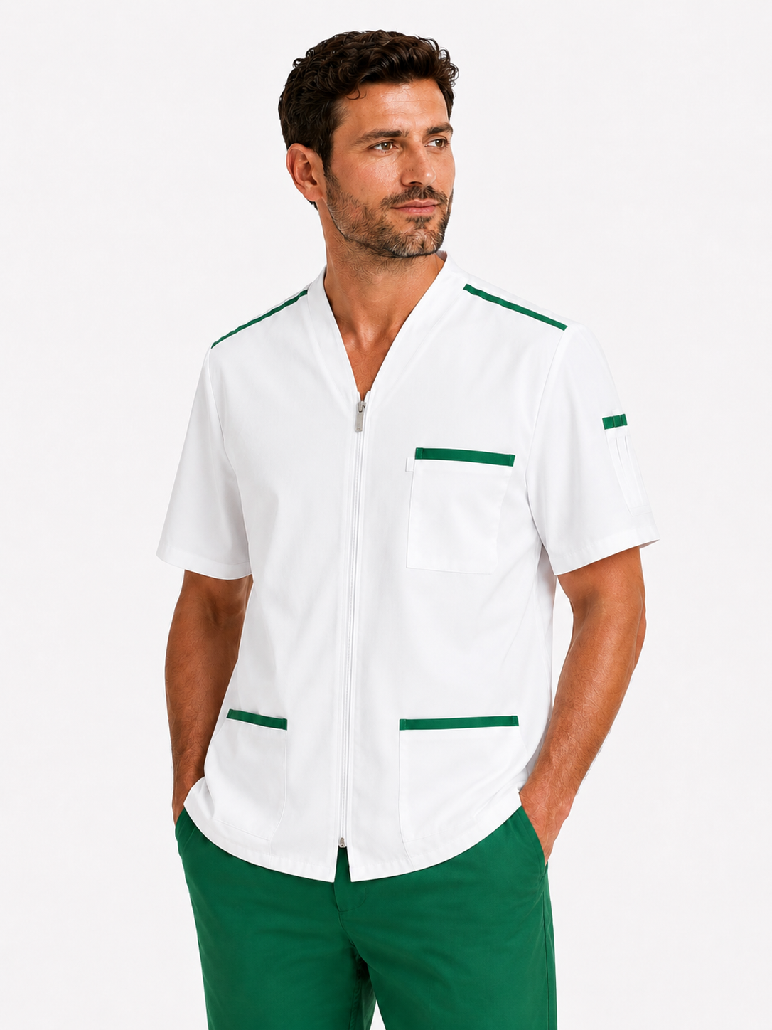Blouse médicale homme blanche zippée 100% coton avec parements couleurs – uniforme dentiste, pharmacien, infirmier