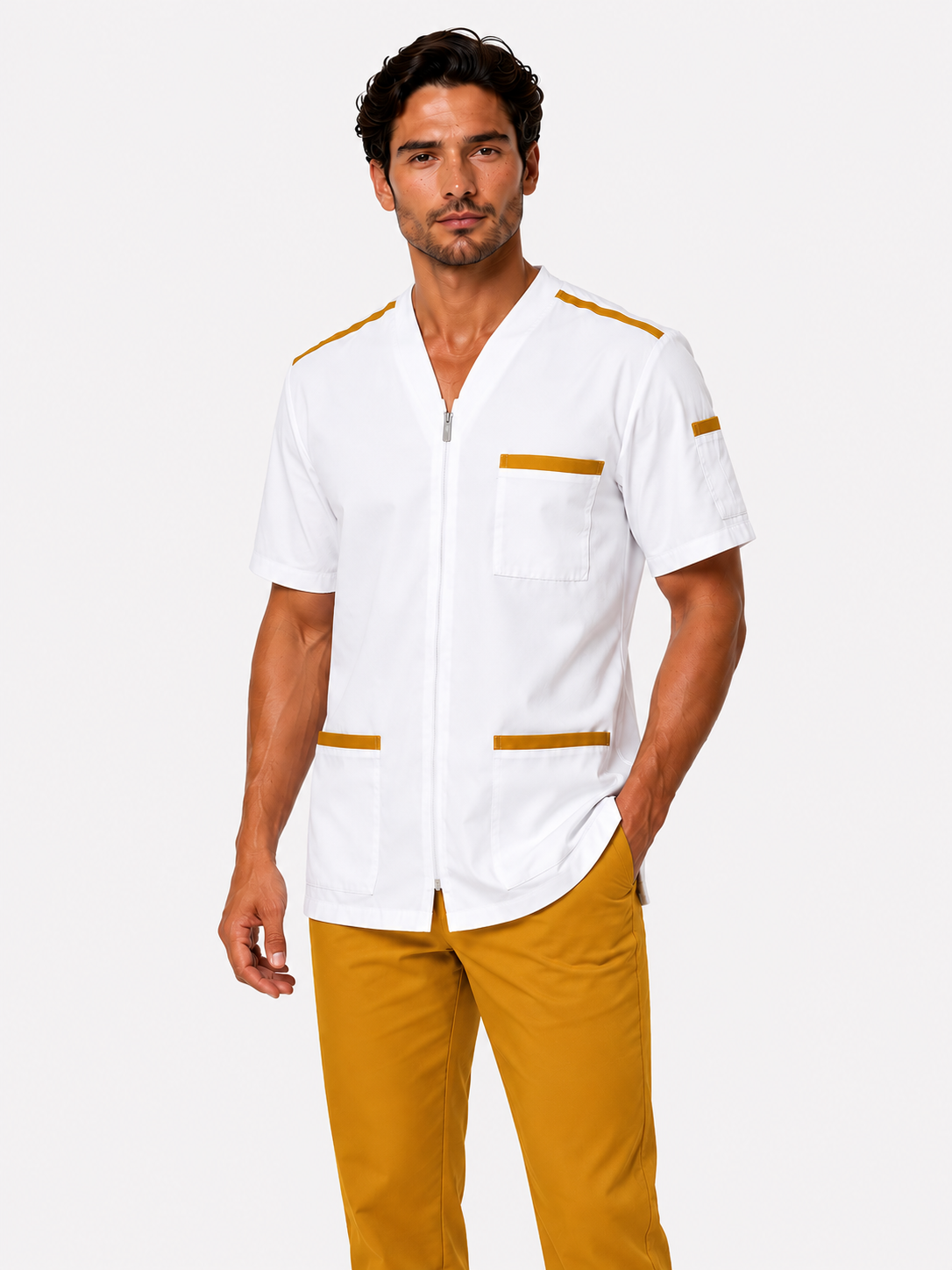 Blouse médicale homme blanche zippée 100% coton avec parements couleurs – uniforme dentiste, pharmacien, infirmier