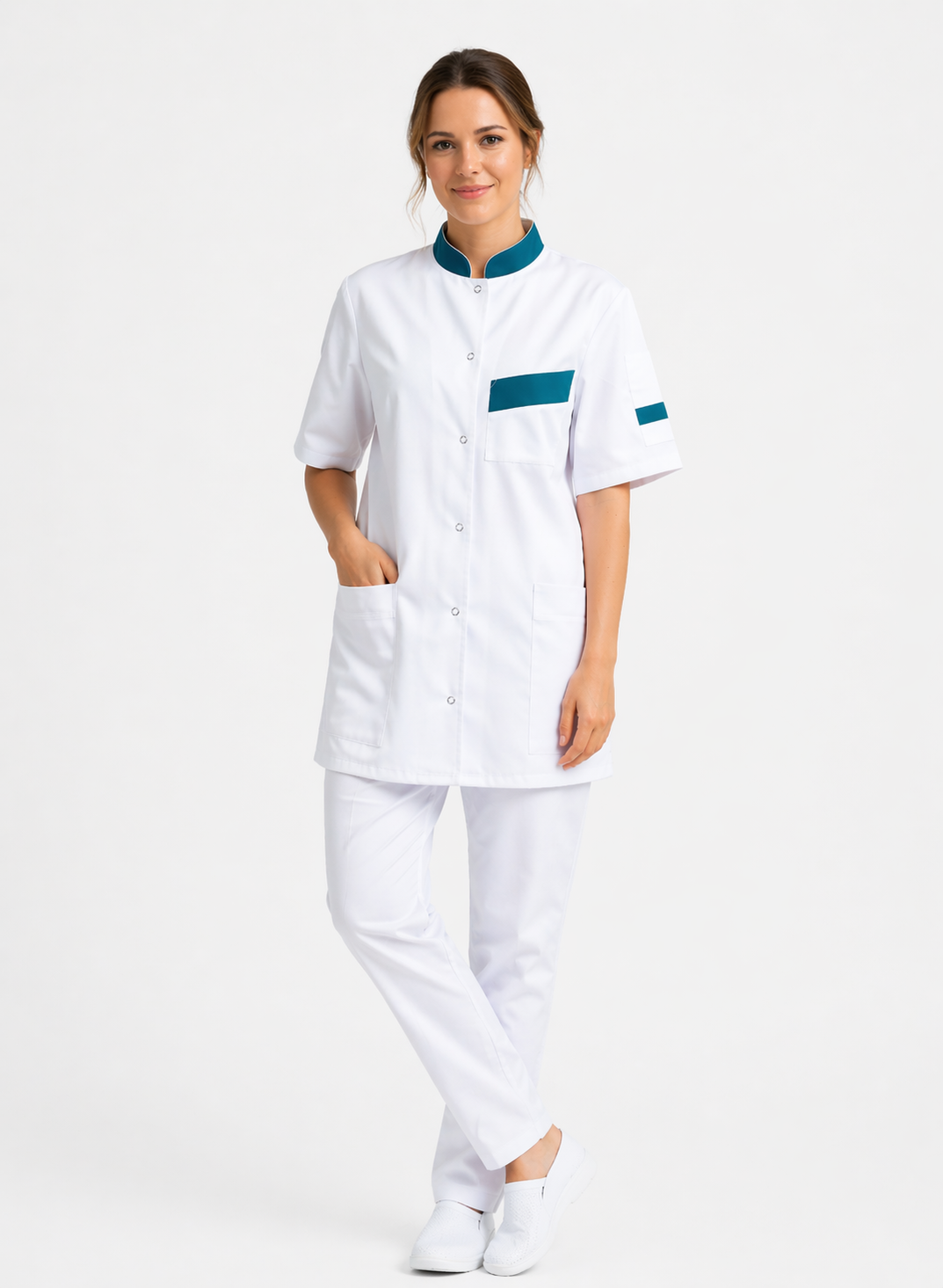 Unisex white medical tunic with mandarin collar and colored cuffs – snap fasteners