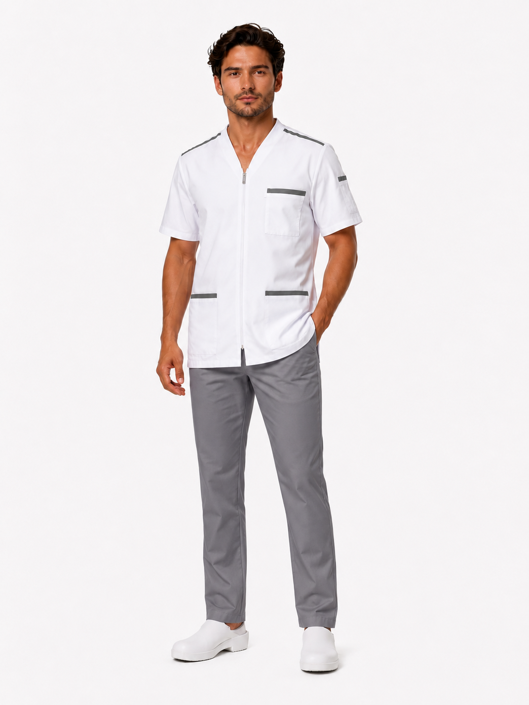 Blouse médicale homme blanche zippée 100% coton avec parements couleurs – uniforme dentiste, pharmacien, infirmier