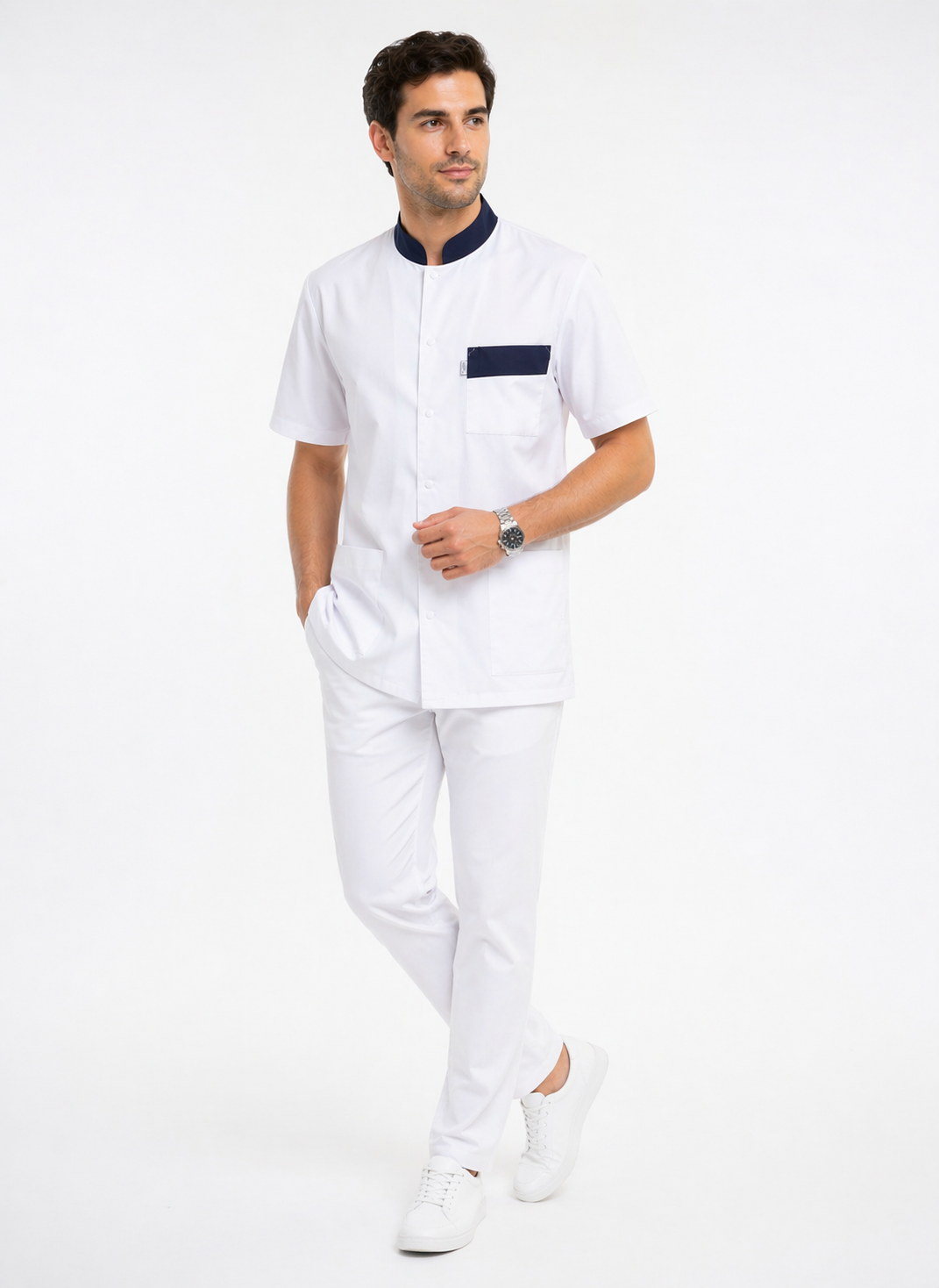 Unisex white medical tunic with mandarin collar and colored cuffs – snap fasteners