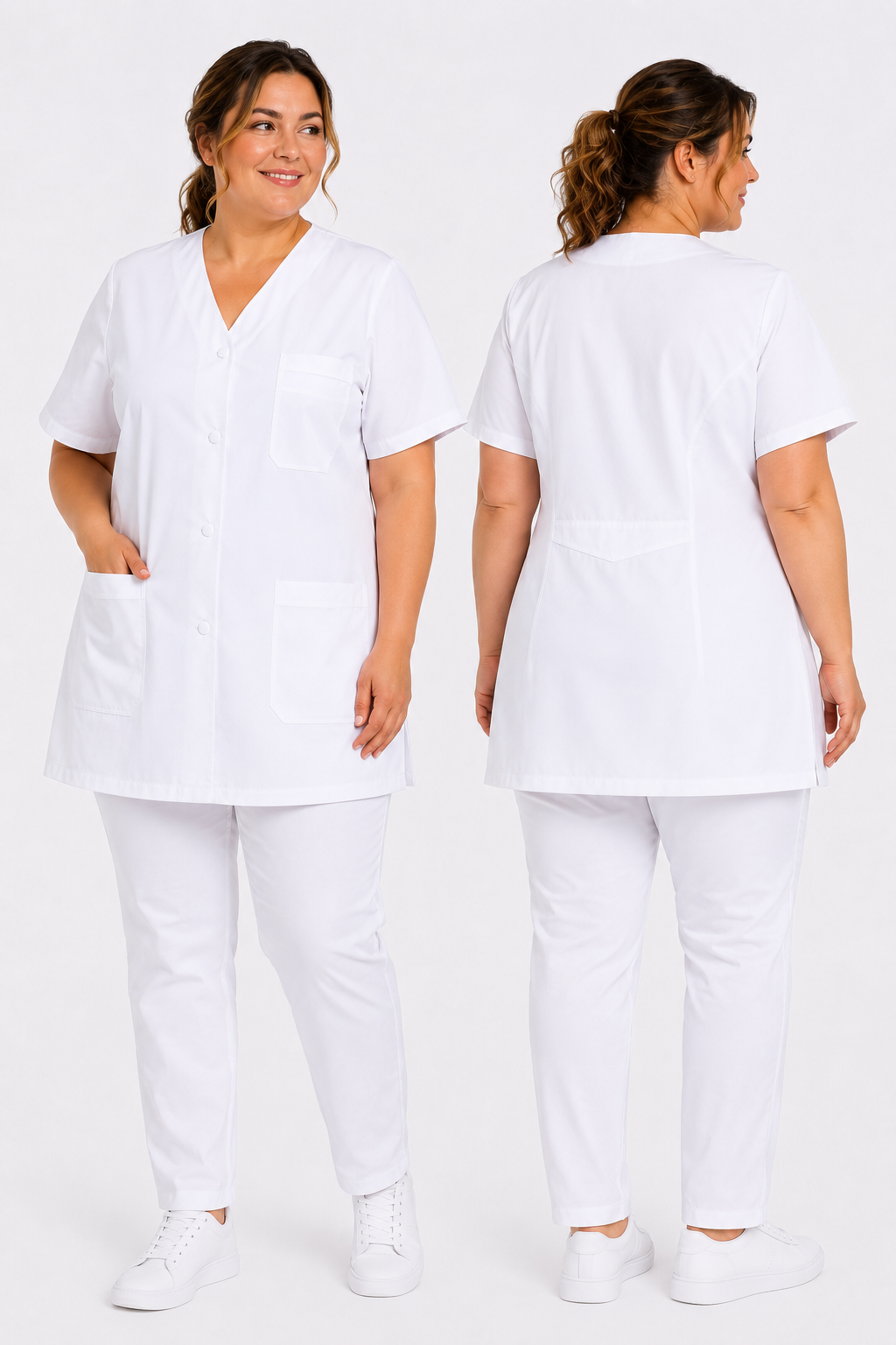 Blouse Médicale Blanche Femme Professionnelle – Longueur 73 à 75 cm – Col V – 100% Coton – 5 Poches