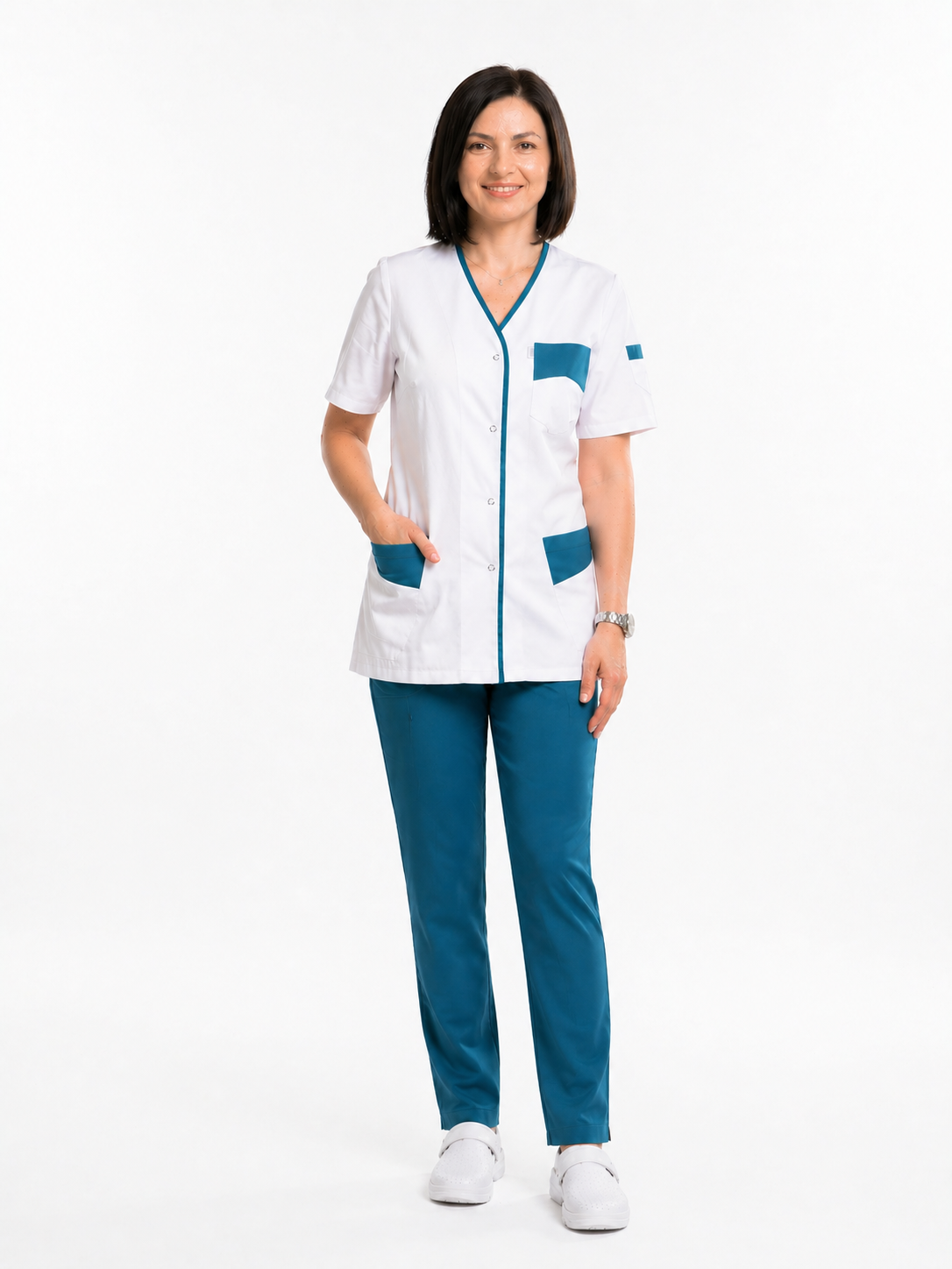Women's V-neck scrub top with snap fasteners – colored facings