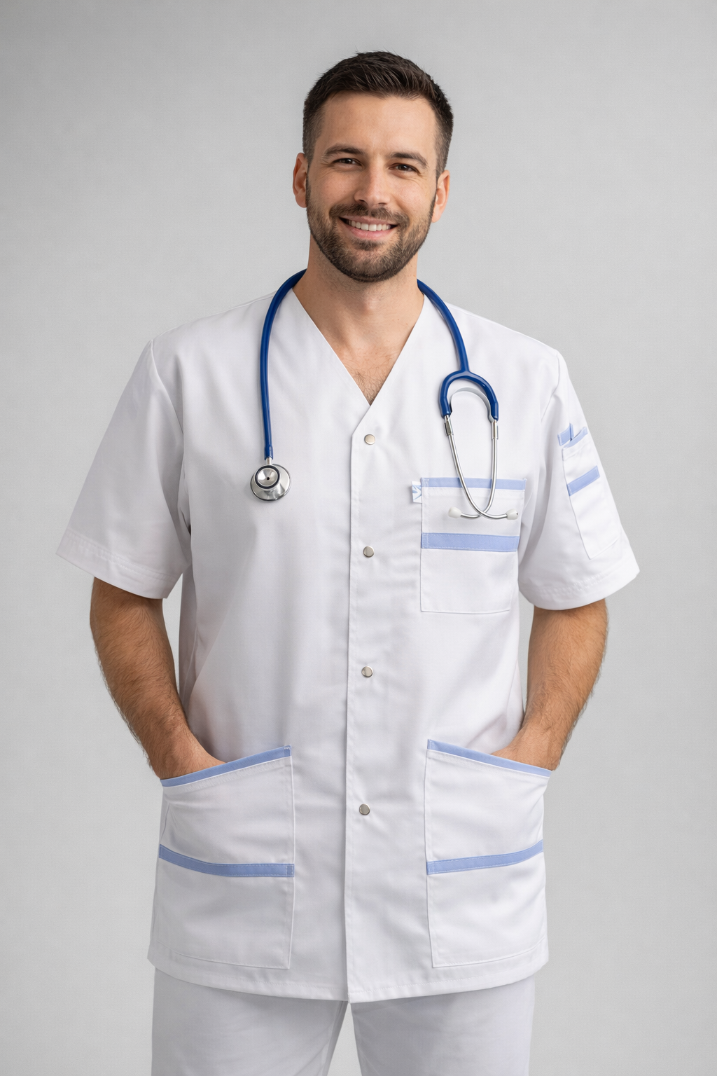Men's white scrub top with colored trim V-neck – snap buttons