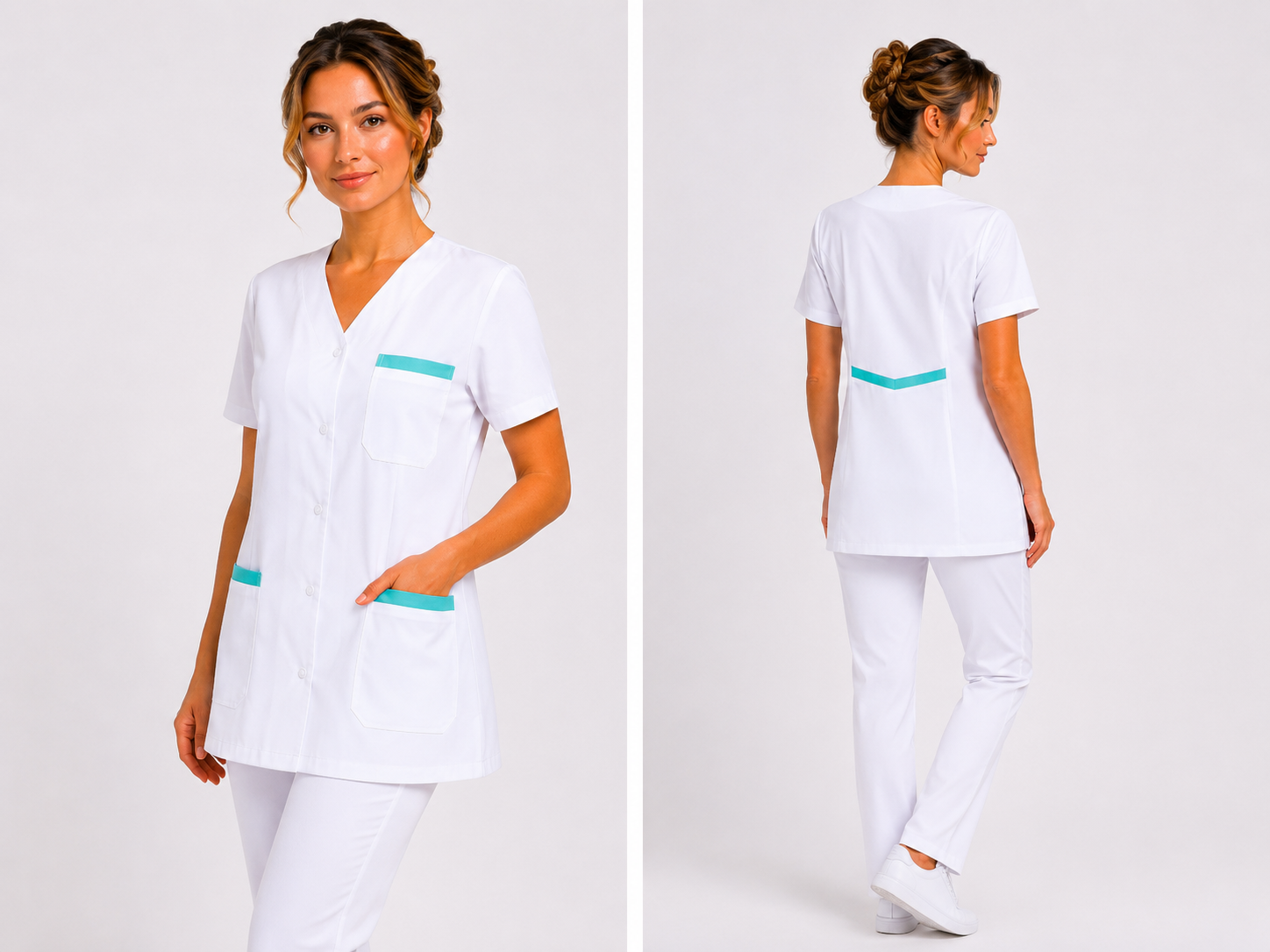 Blouse Médicale Blanche Femme Professionnelle – Longueur 73 à 75 cm – Col V – 100% Coton – 5 Poches
