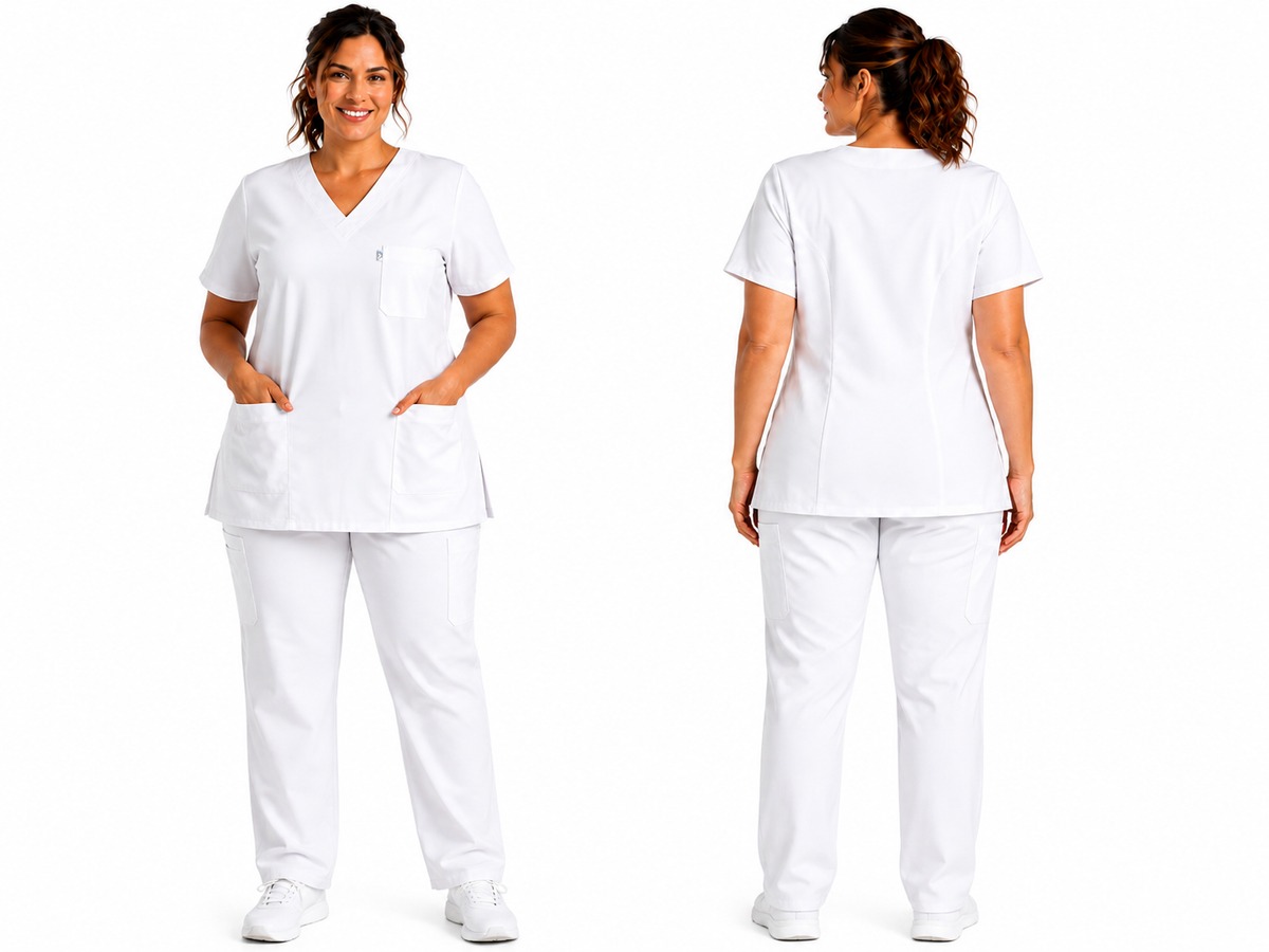 Tenue médicale femme blanche col V – Infirmière aide-soignante