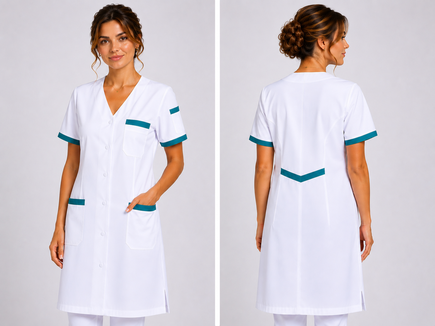 Blouse Médicale Femme Longue 100 cm – Col V, 5 Poches Fonctionnelles, 100% Coton, Usage Professionnel Santé