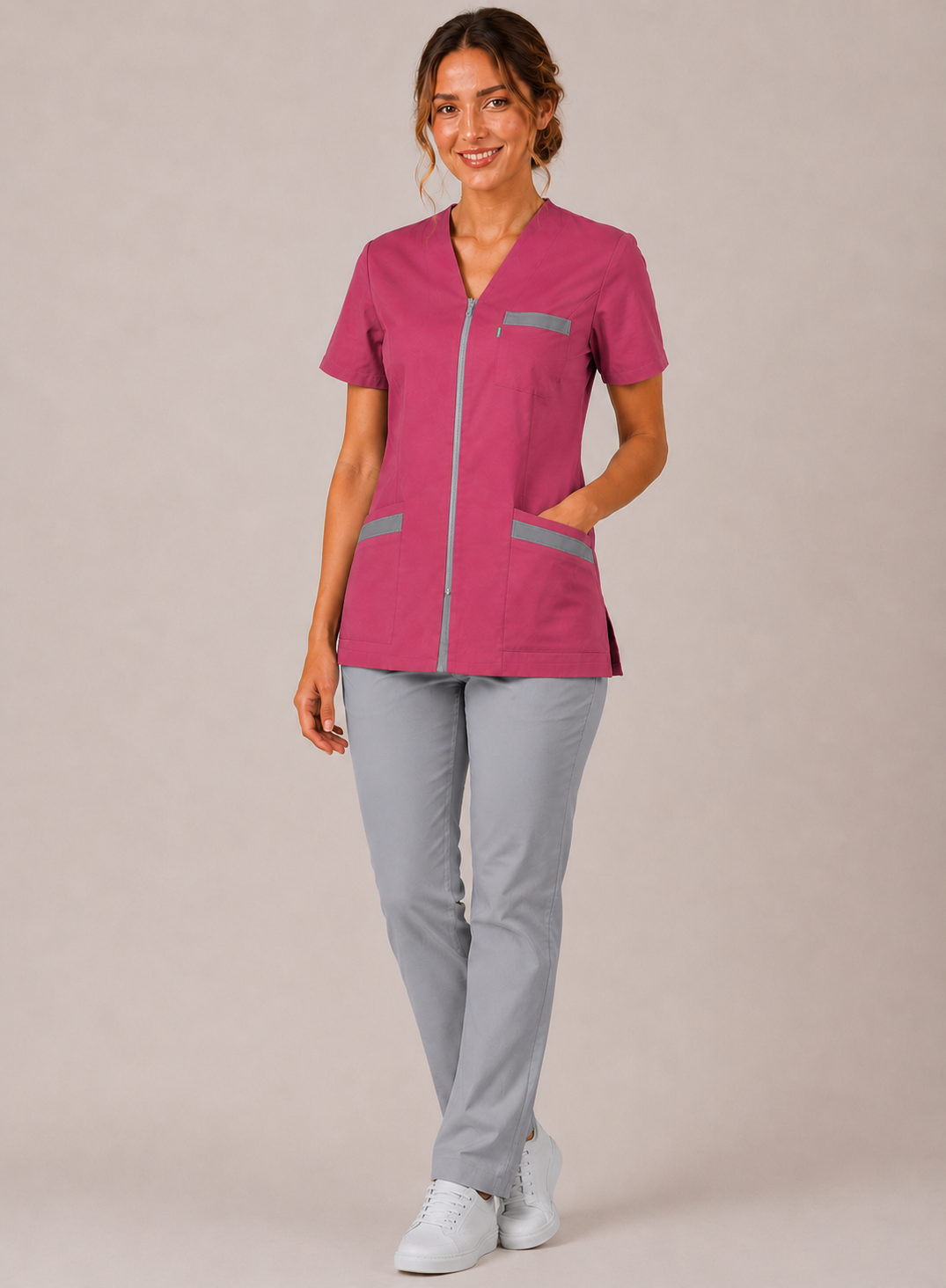 Blouse Médicale Femme en Couleurs à Fermeture Zippée – 100% Coton – Coupe Ajustée – Longueur 70-73 cm