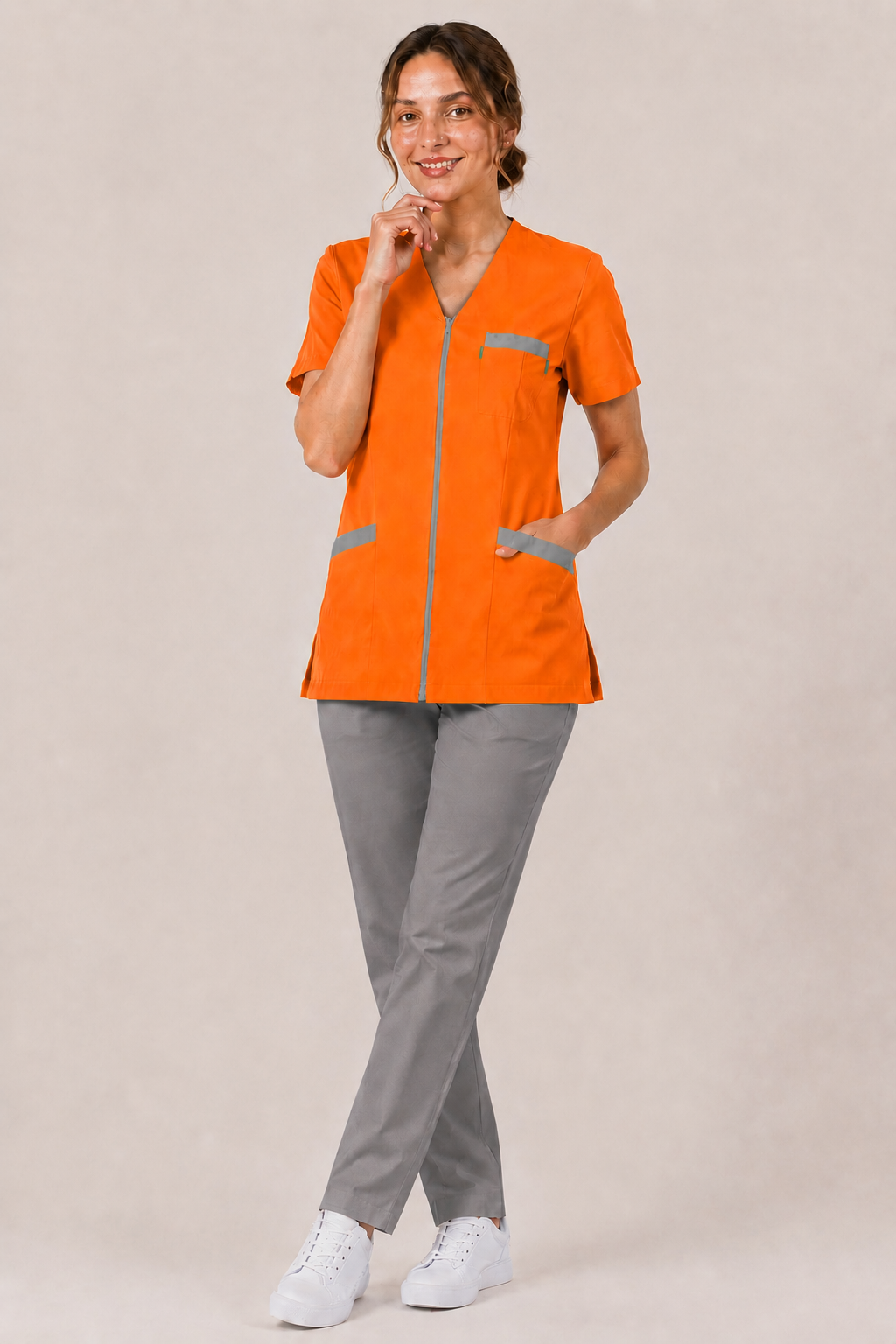 Blouse Médicale Femme en Couleurs à Fermeture Zippée – 100% Coton – Coupe Ajustée – Longueur 70-73 cm