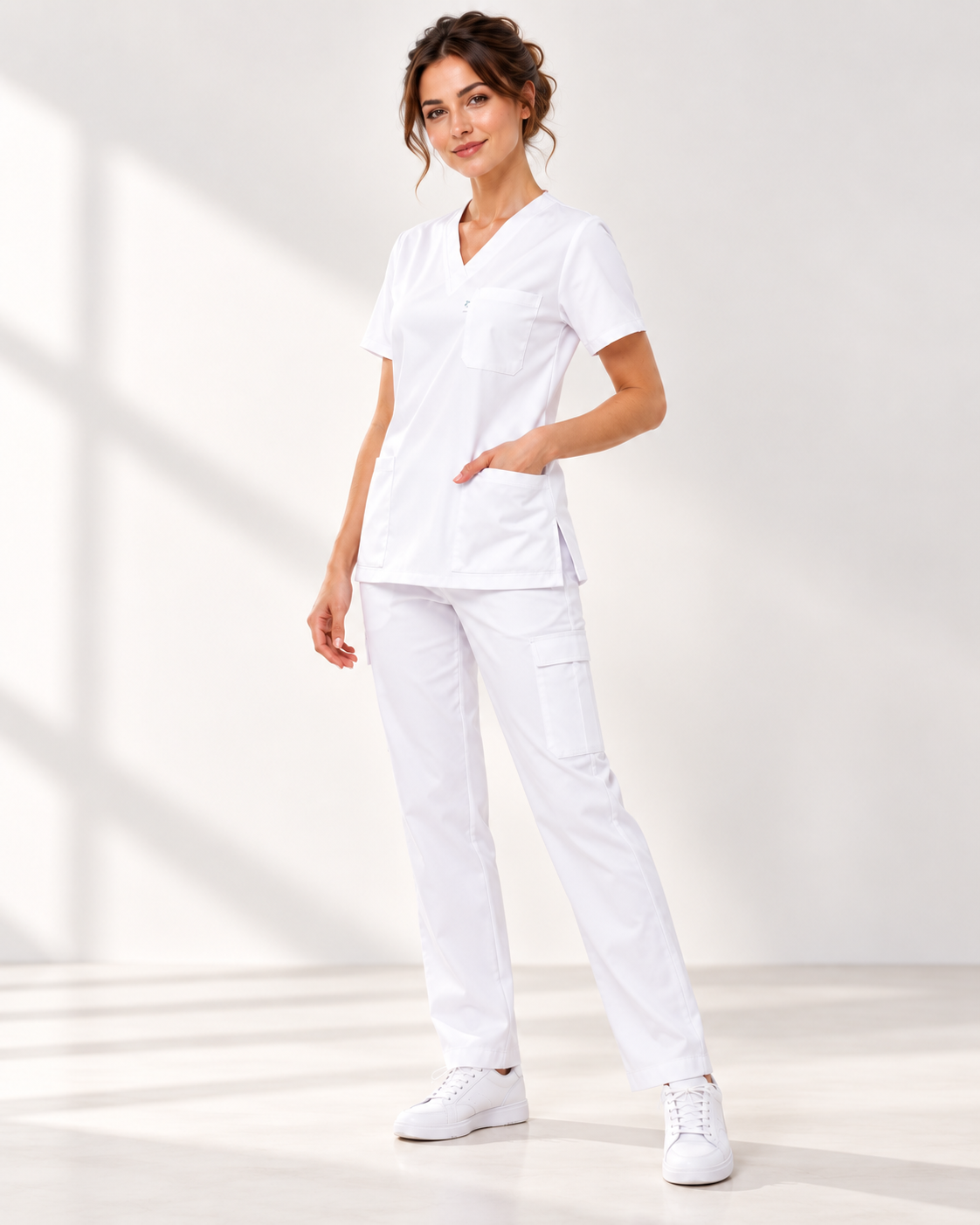 Ensemble médical unisexe blanc 100% coton – Tunique col V + pantalon 6 poches