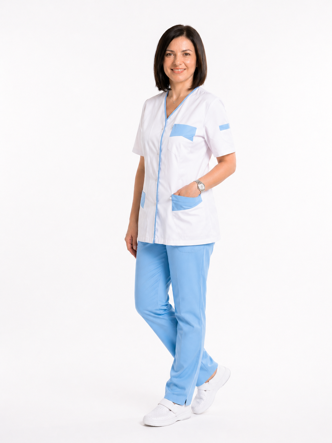 Women's V-neck scrub top with snap fasteners – colored facings