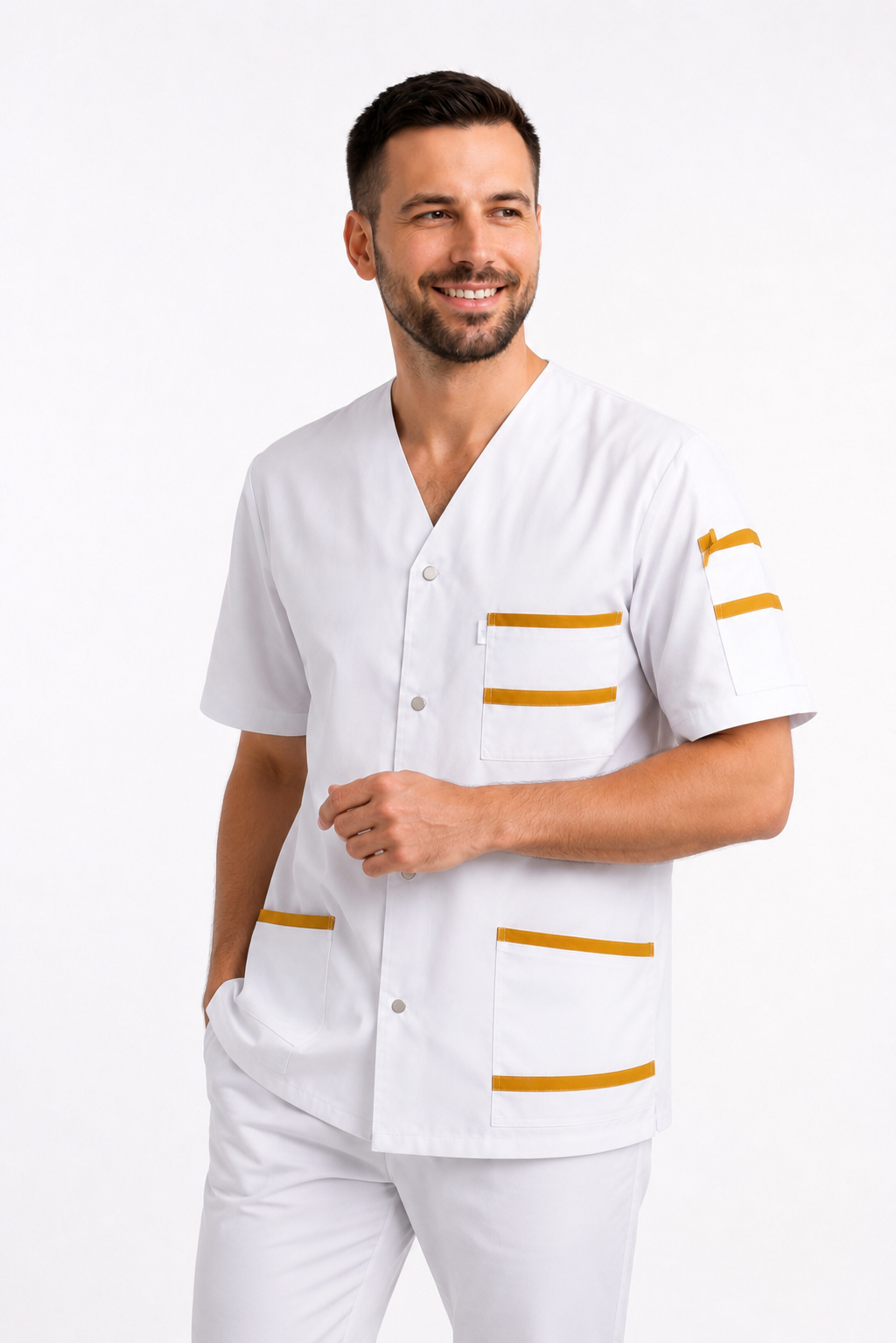 Men's white scrub top with colored trim V-neck – snap buttons