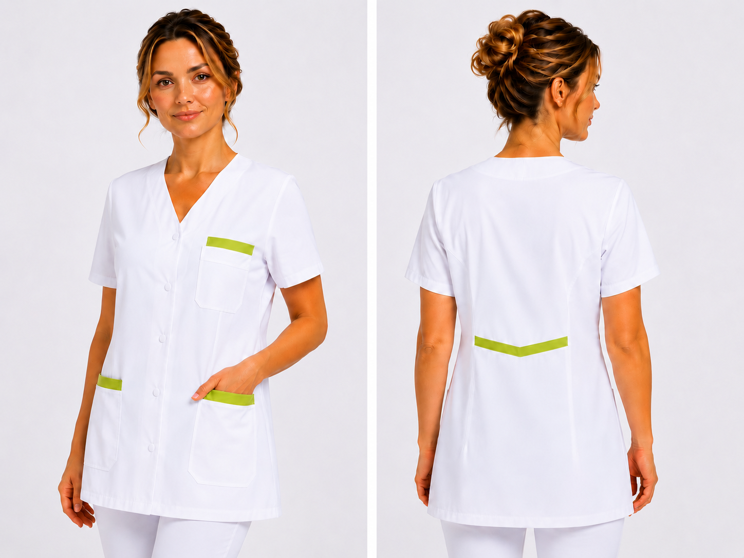Blouse Médicale Blanche Femme Professionnelle – Longueur 73 à 75 cm – Col V – 100% Coton – 5 Poches
