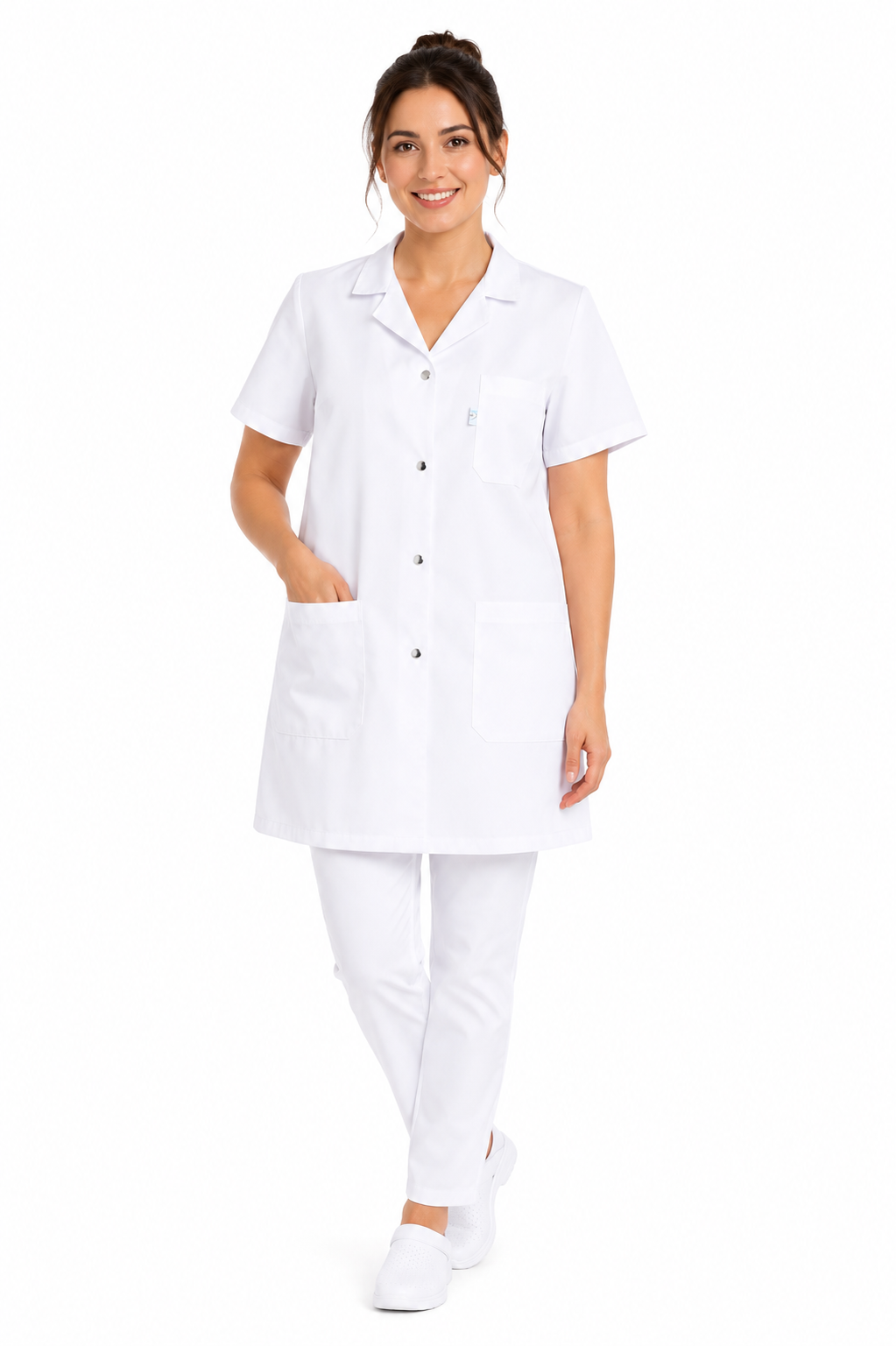 Blouse Médicale Femme Longue Blanche 100% Coton – 5 Poches  – 100 cm