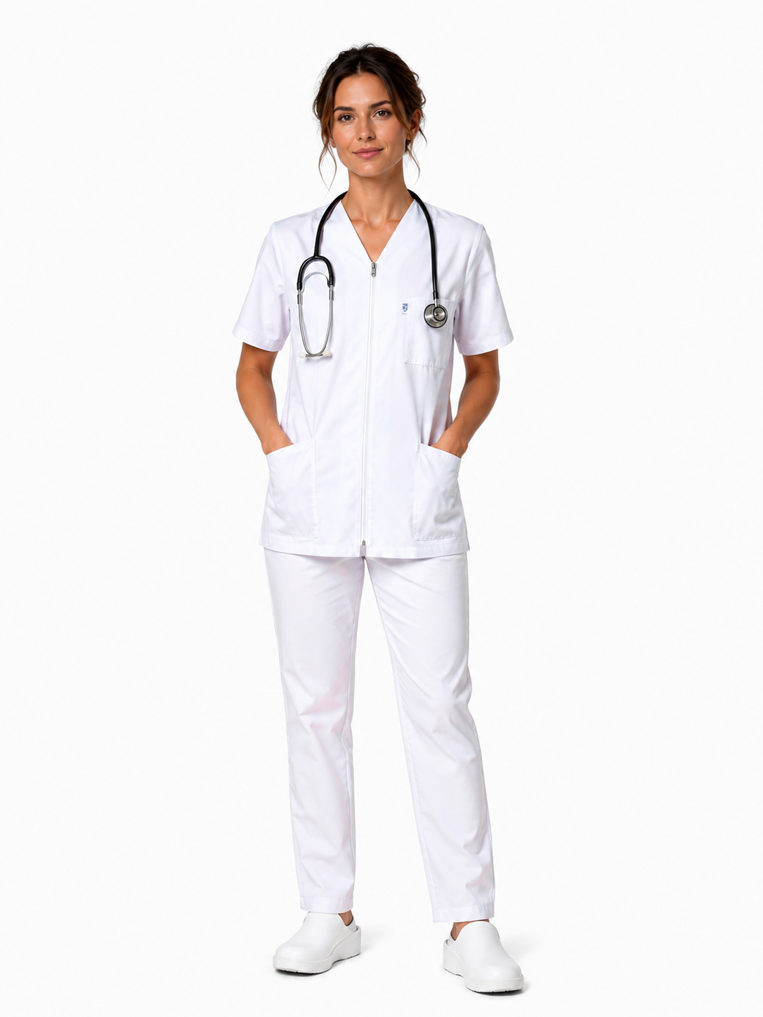 Unisex white V-neck medical scrub top – snap fasteners