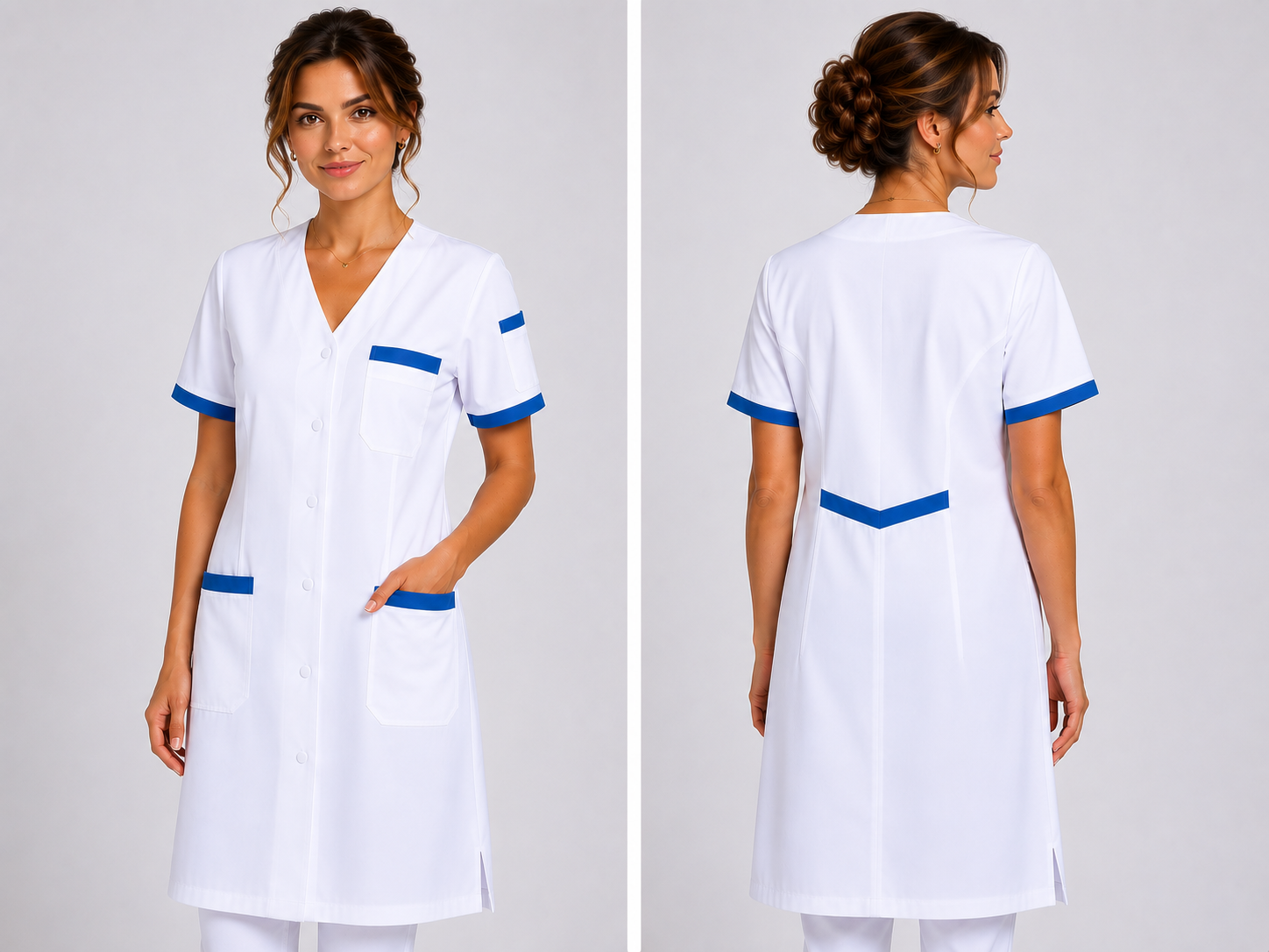 Blouse Médicale Femme Longue 100 cm – Col V, 5 Poches Fonctionnelles, 100% Coton, Usage Professionnel Santé