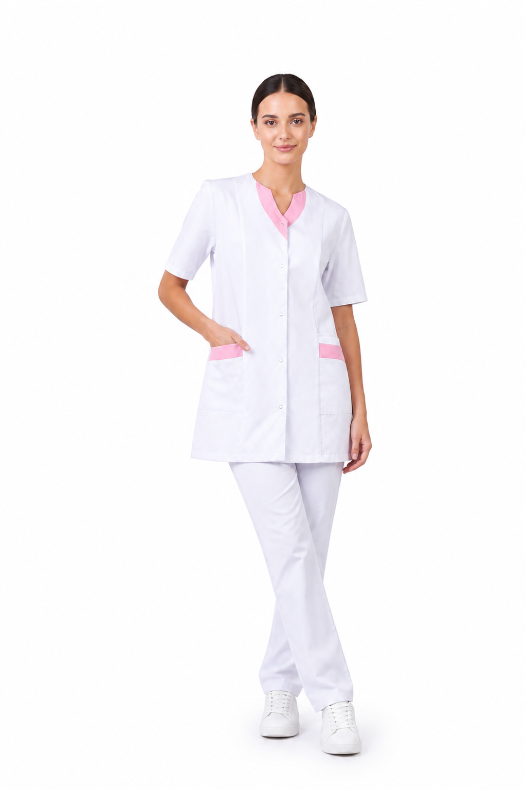 Women's V-neck scrub top with snap buttons and colored trim