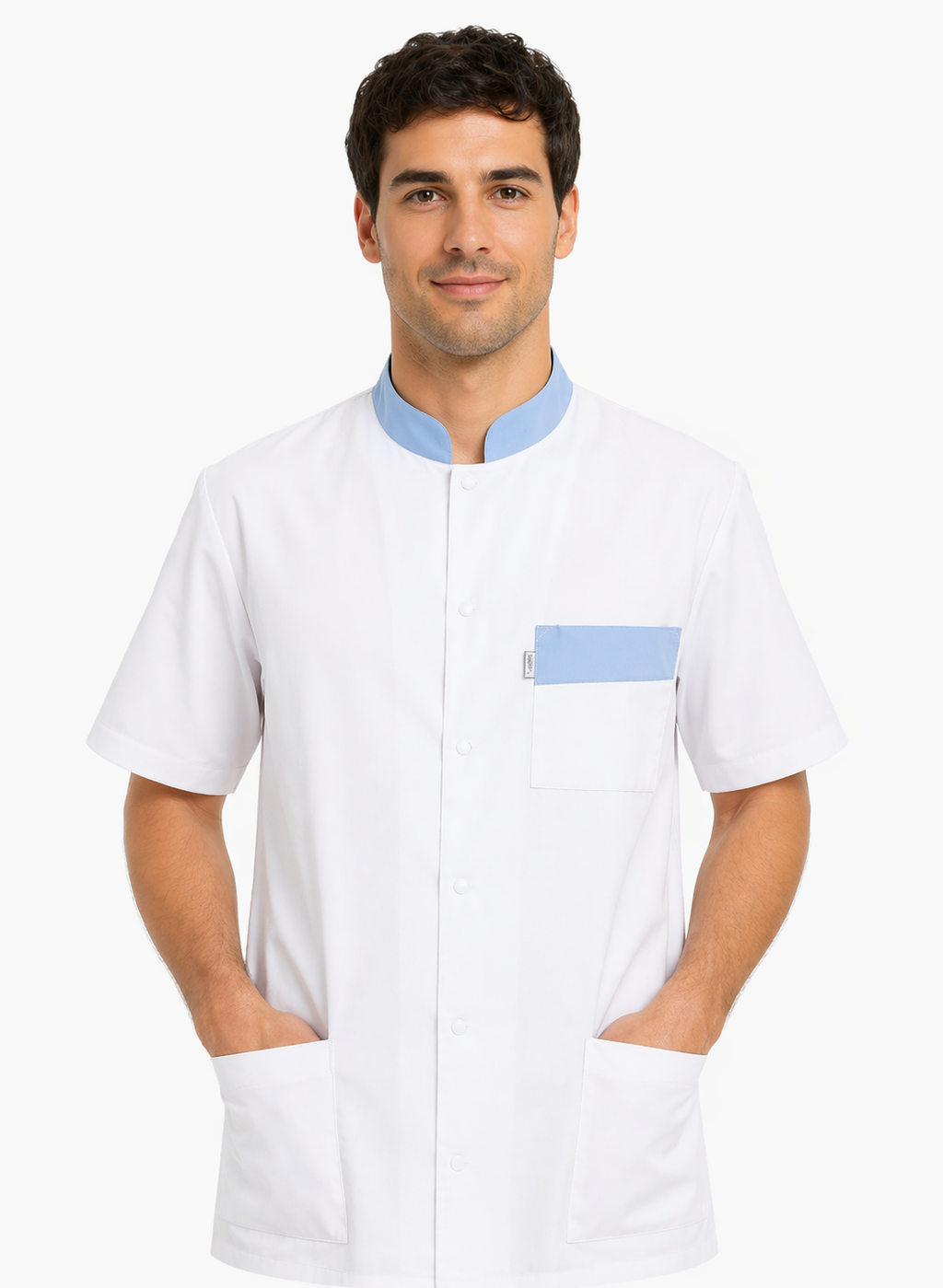 Blouse médicale mixte blanche col officier avec parements couleur – boutons pression