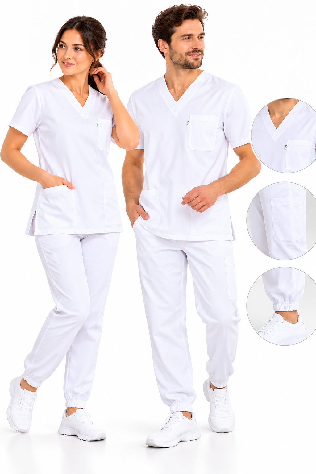 Ensemble médical unisexe blanc 100% coton – Tunique col V + pantalon 6 poches