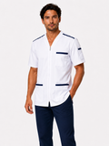 Blouse médicale homme blanche zippée 100% coton avec parements couleurs – uniforme dentiste, pharmacien, infirmier