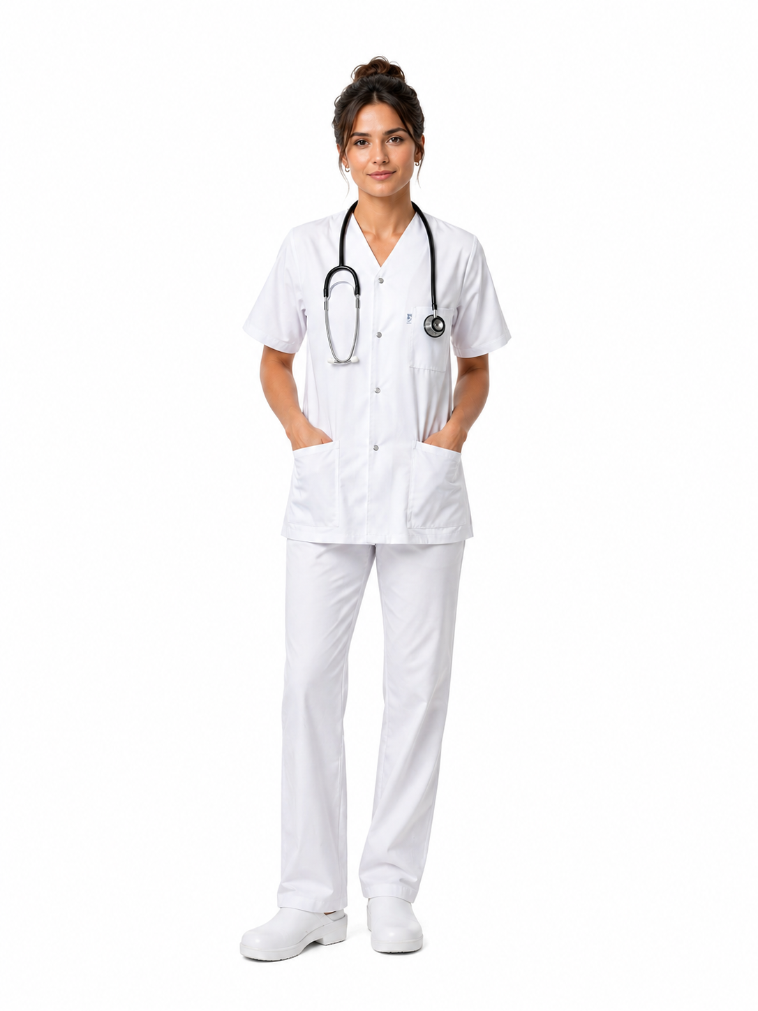 Unisex white V-neck medical scrub top – snap fasteners