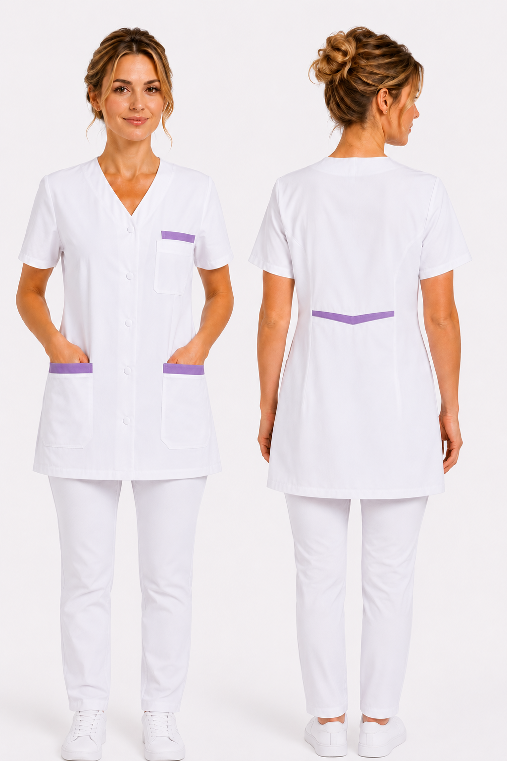 Blouse Médicale Blanche Femme Professionnelle – Longueur 73 à 75 cm – Col V – 100% Coton – 5 Poches