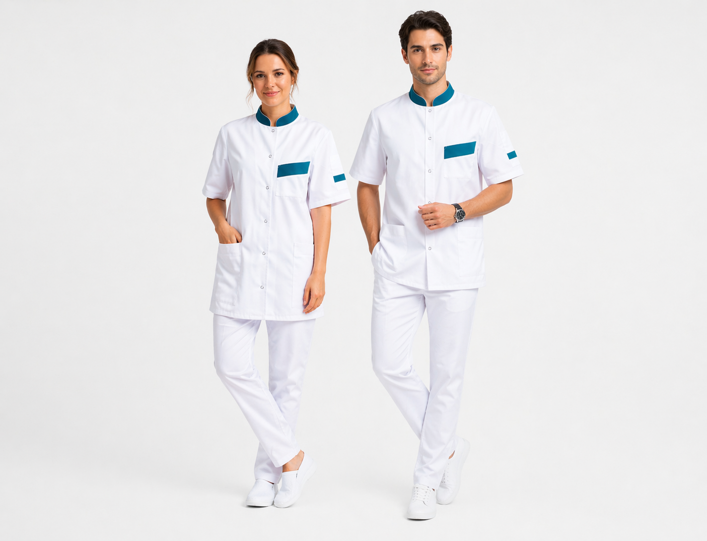 Unisex white medical tunic with mandarin collar and colored cuffs – snap fasteners