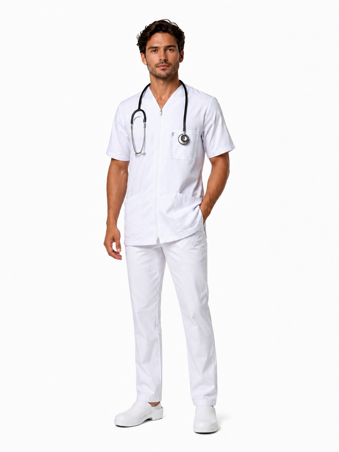 Unisex white V-neck medical scrub top – snap fasteners