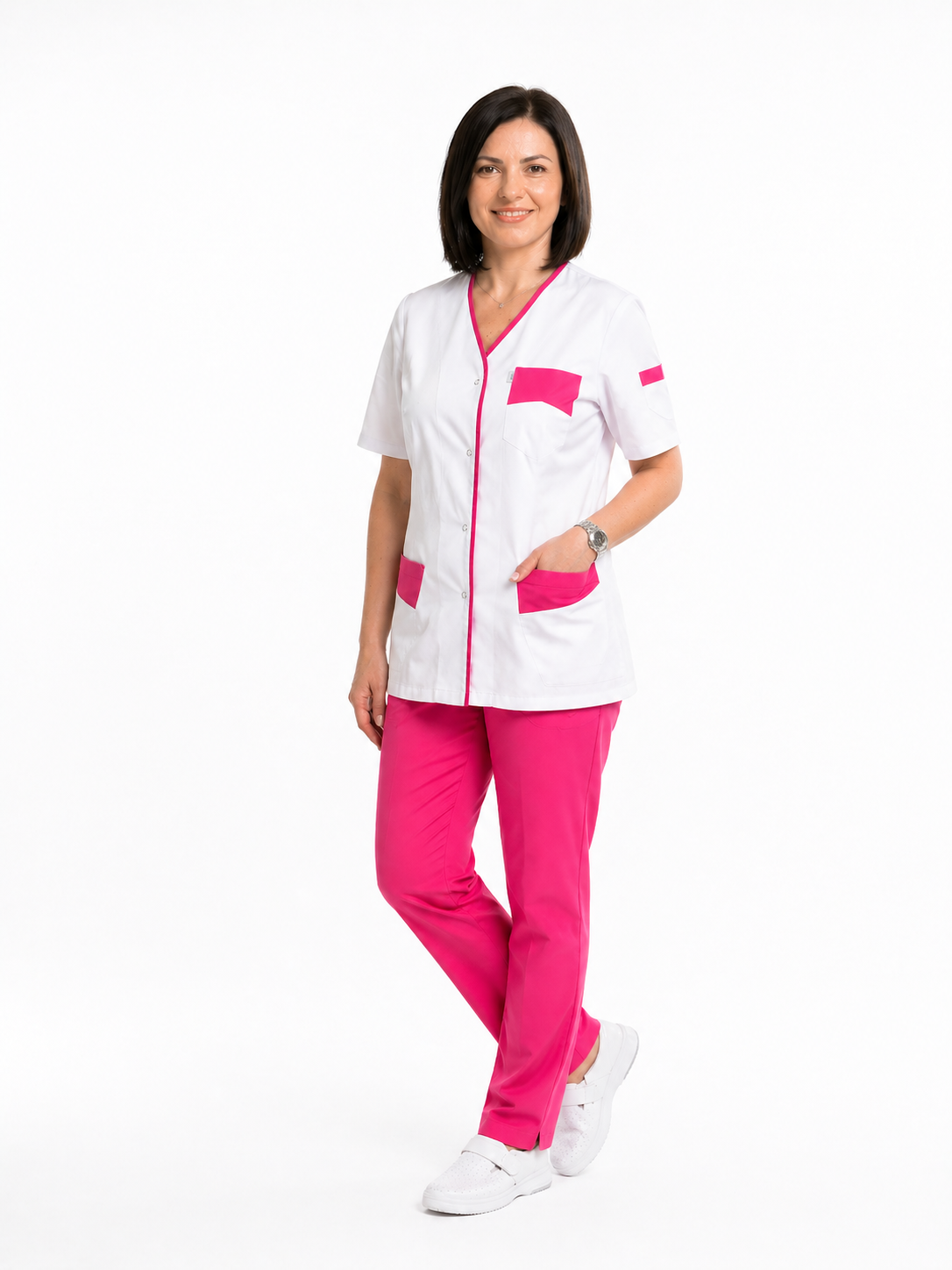 Women's V-neck scrub top with snap fasteners – colored facings