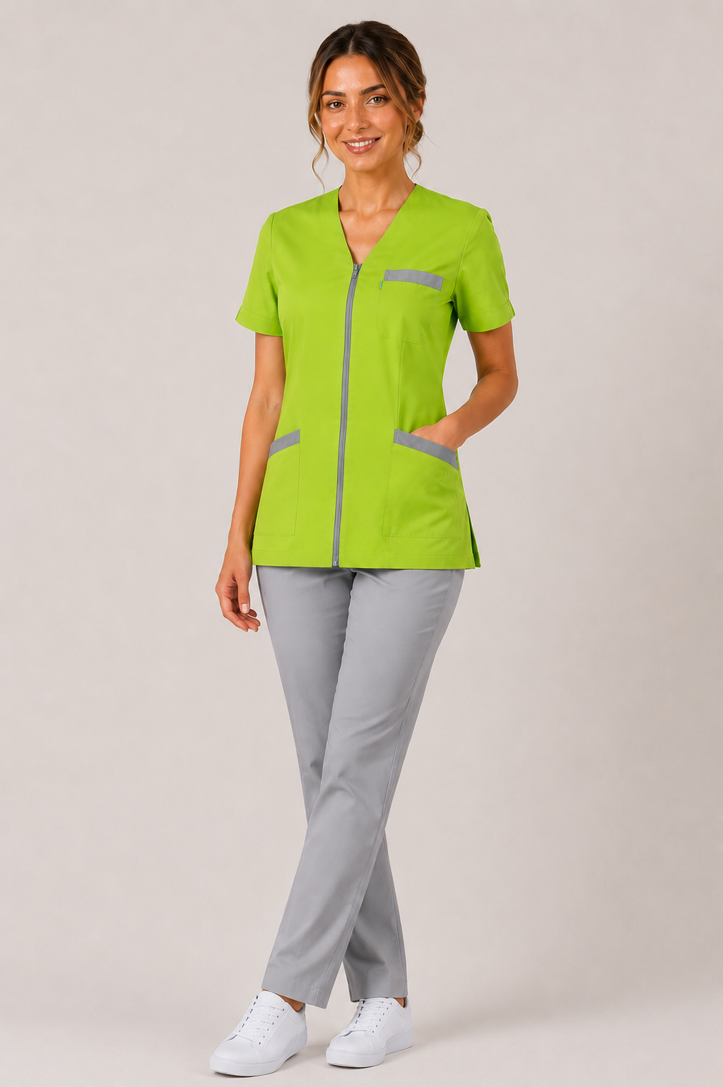 Blouse Médicale Femme en Couleurs à Fermeture Zippée – 100% Coton – Coupe Ajustée – Longueur 70-73 cm