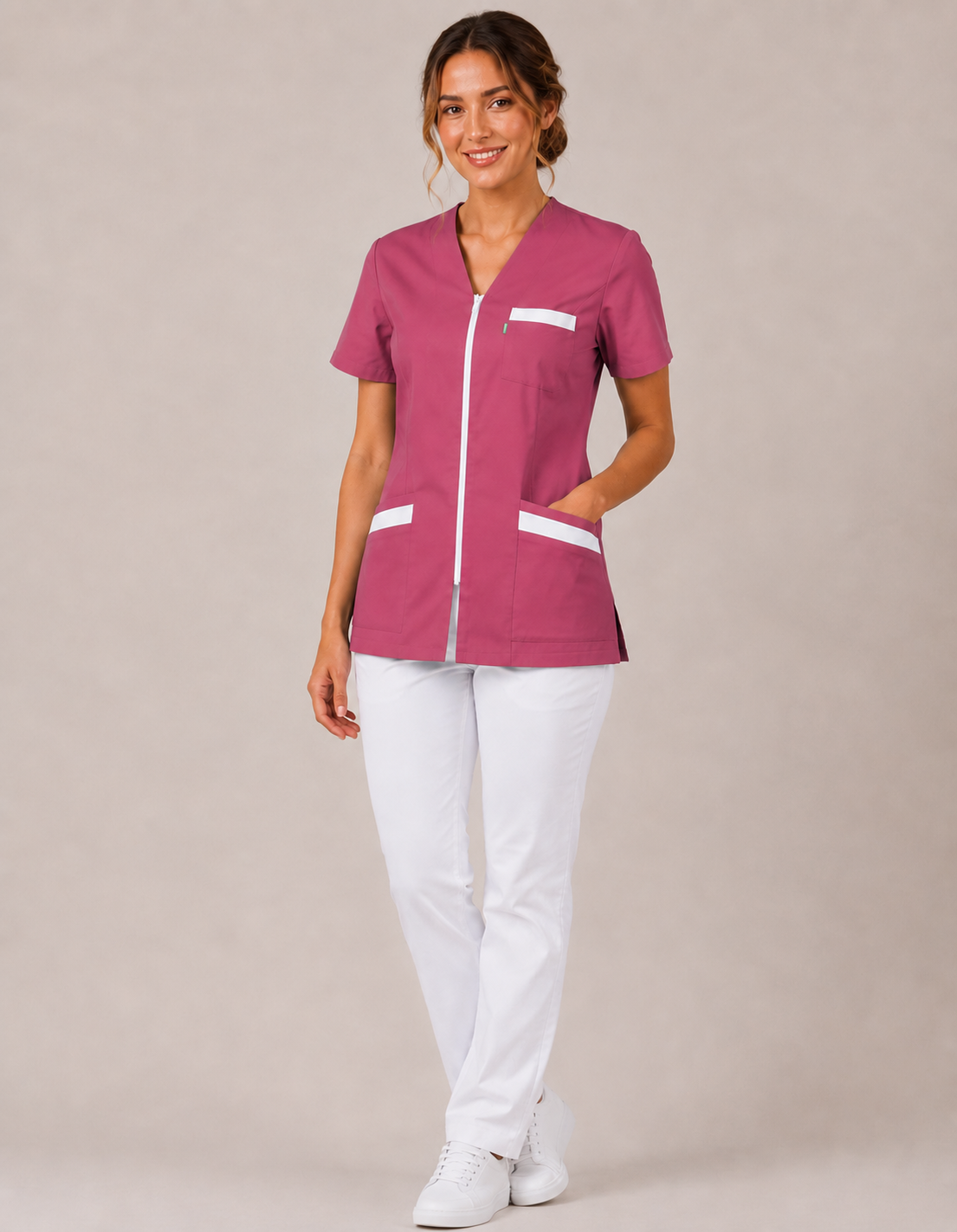 Blouse Médicale Femme en Couleurs à Fermeture Zippée – 100% Coton – Coupe Ajustée – Longueur 70-73 cm