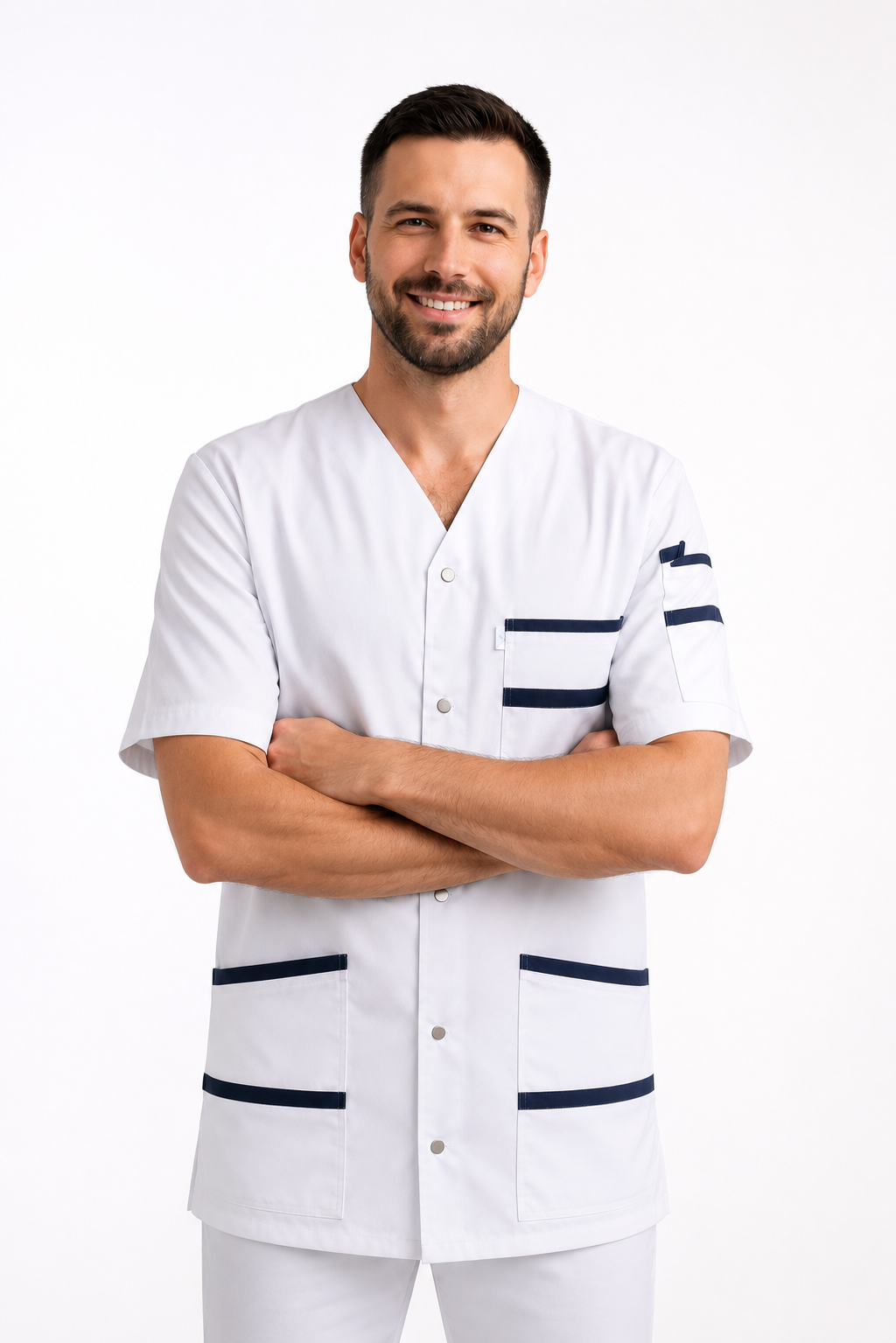 Men's white scrub top with colored trim V-neck – snap buttons