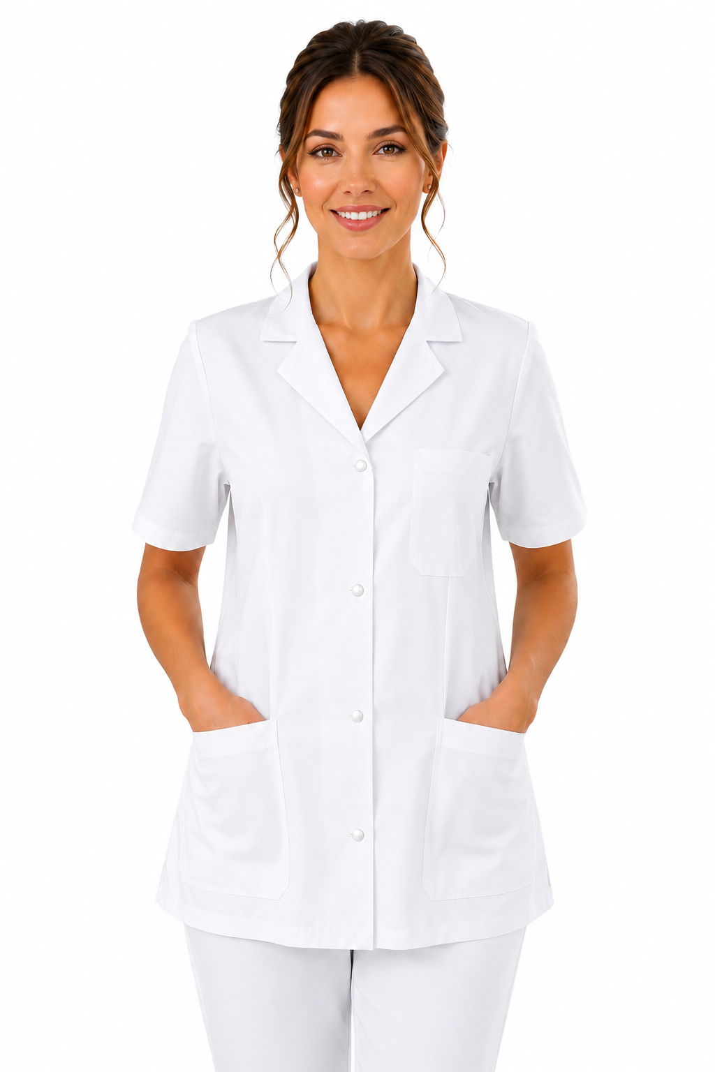 Blouse médicale femme blanche 100% coton – Col V, veste ou officier – Boutons-pression – Infirmière & aide-soignante