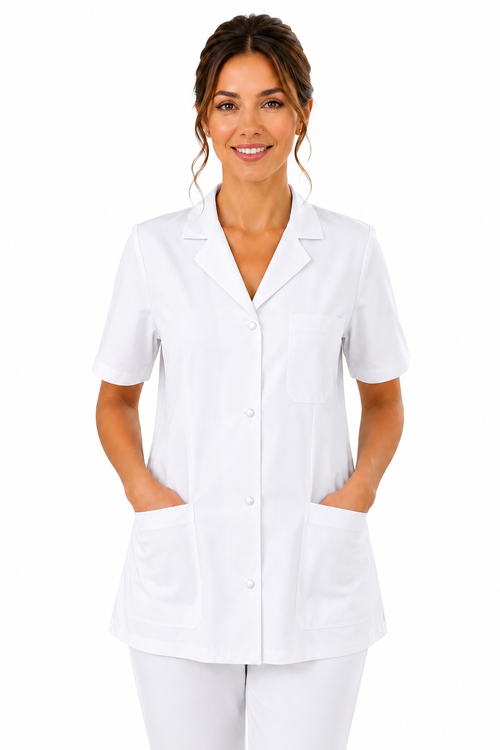 Blouse médicale femme blanche 100% coton – Col V, veste ou officier – Boutons-pression – Infirmière & aide-soignante