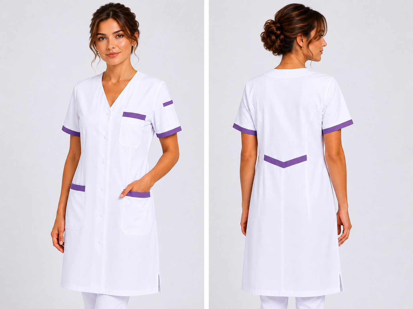 Blouse Médicale Femme Longue 100 cm – Col V, 5 Poches Fonctionnelles, 100% Coton, Usage Professionnel Santé