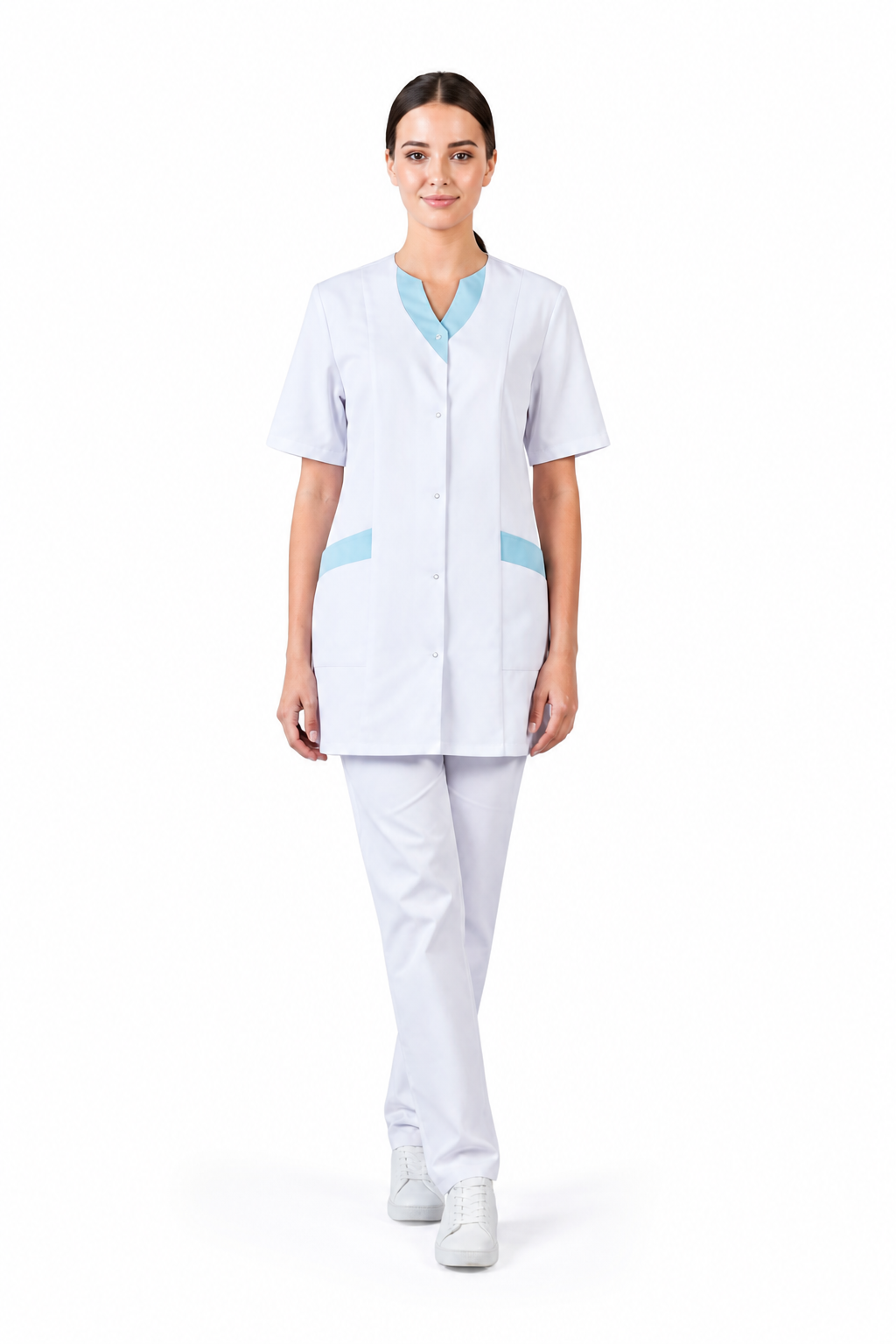 Women's V-neck scrub top with snap buttons and colored trim