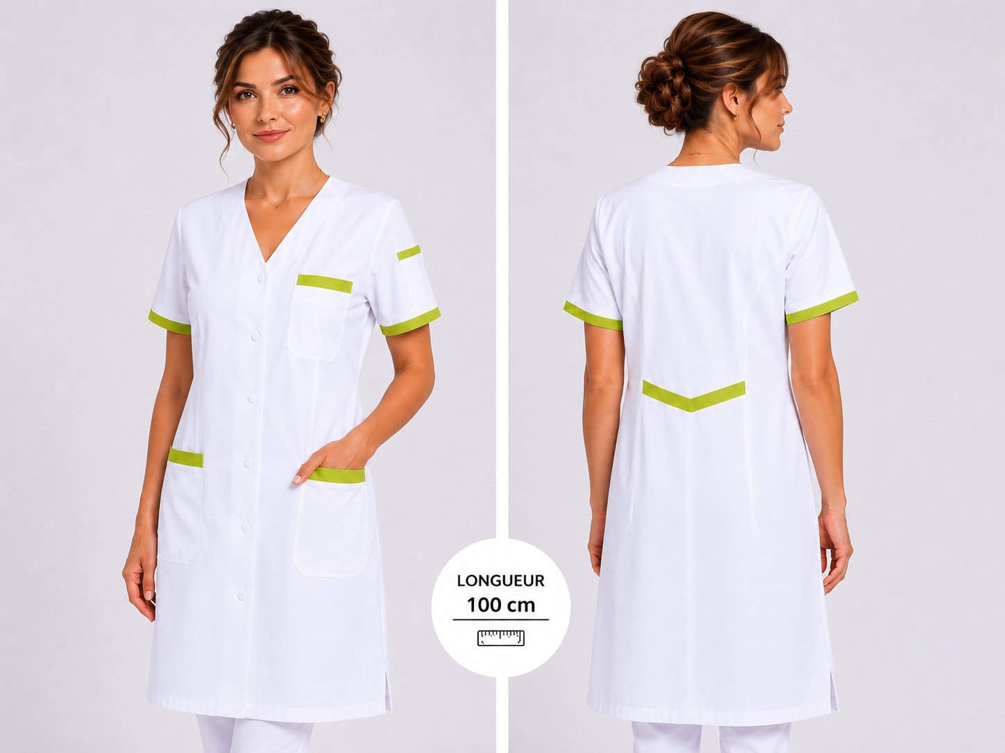 Blouse Médicale Femme Longue 100 cm – Col V, 5 Poches Fonctionnelles, 100% Coton, Usage Professionnel Santé
