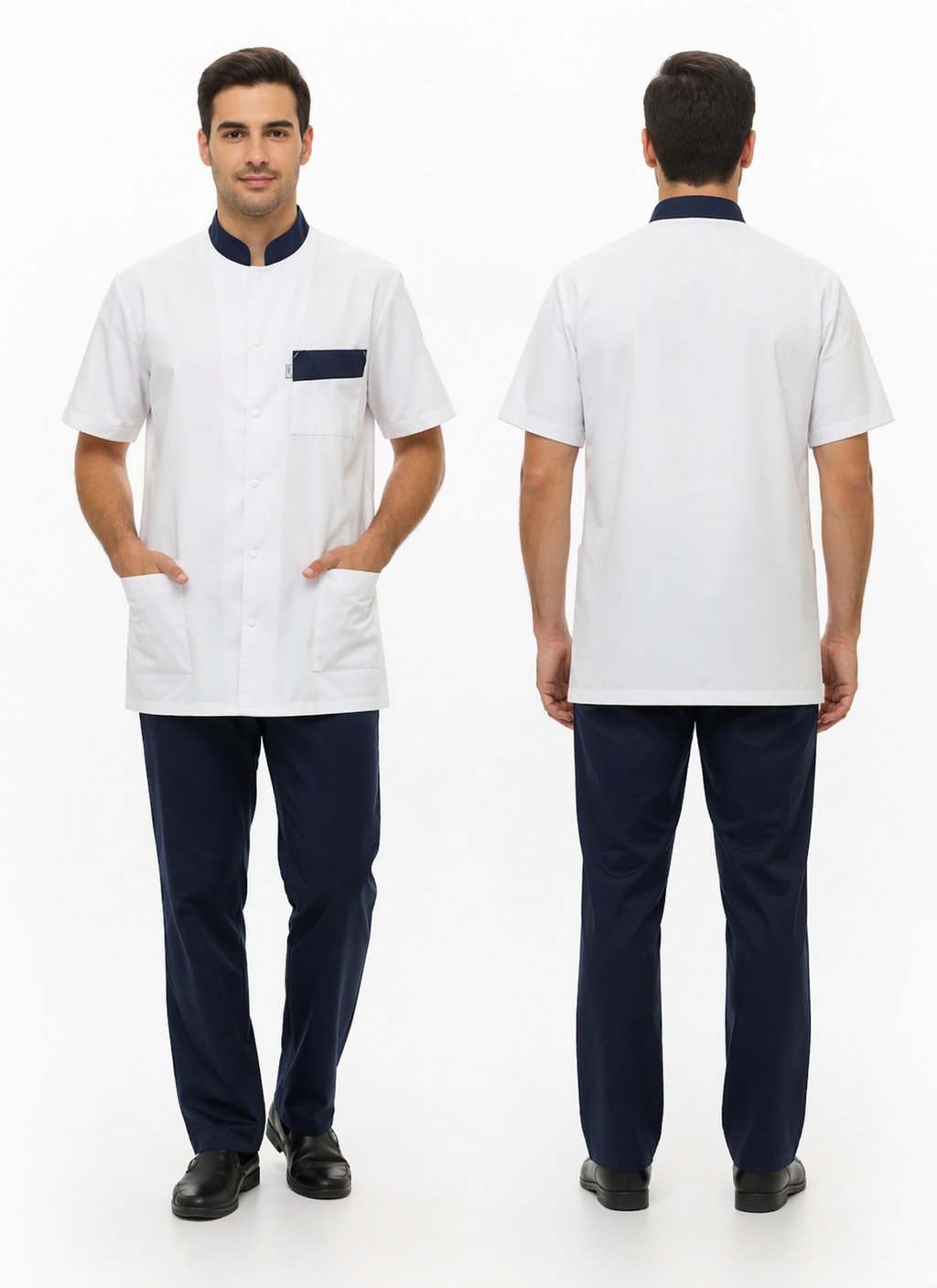 Unisex white medical tunic with mandarin collar and colored cuffs – snap fasteners