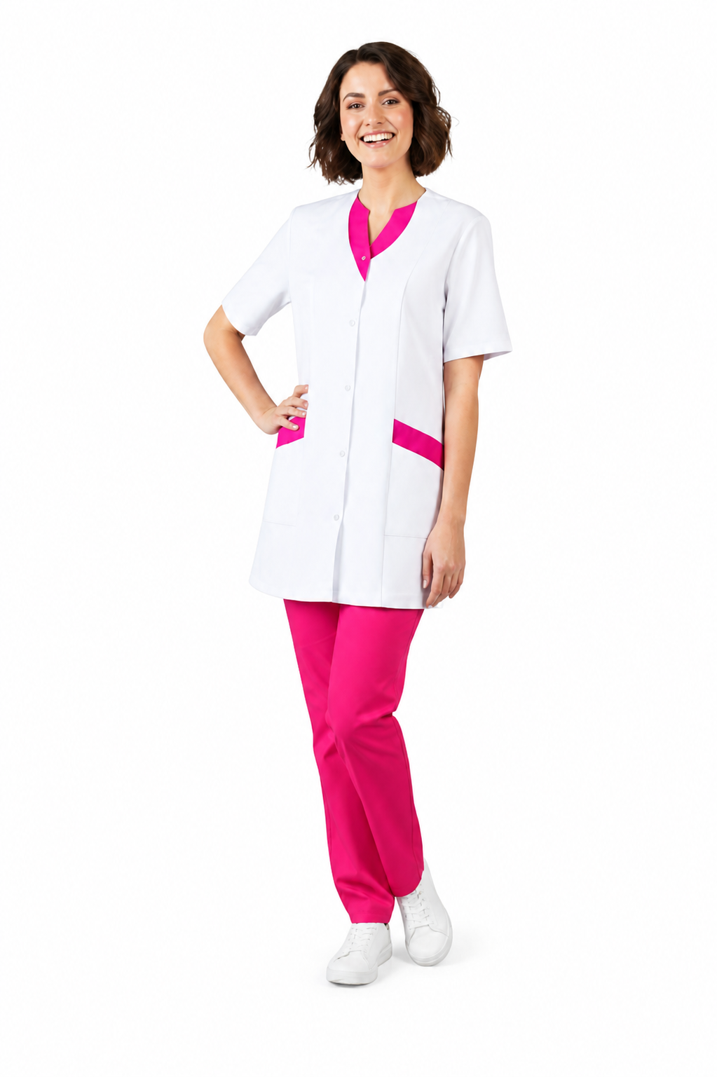 Women's V-neck scrub top with snap buttons and colored trim