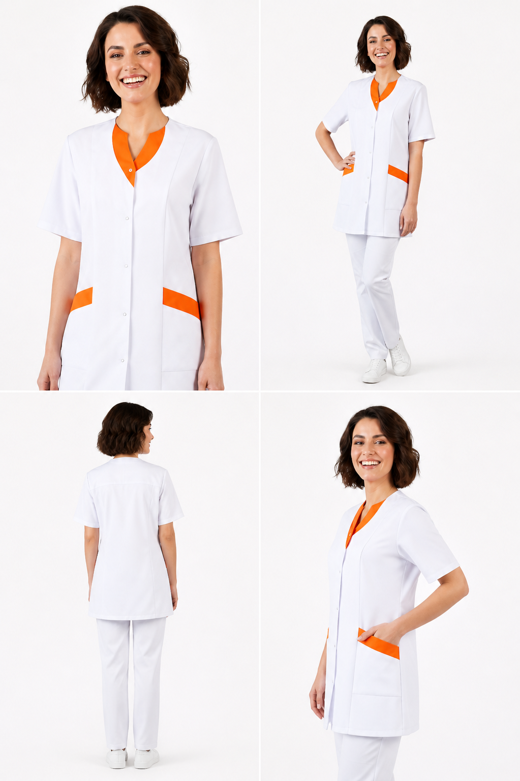 Women's V-neck scrub top with snap buttons and colored trim