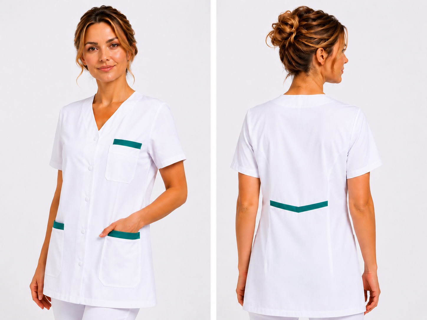 Blouse Médicale Blanche Femme Professionnelle – Longueur 73 à 75 cm – Col V – 100% Coton – 5 Poches