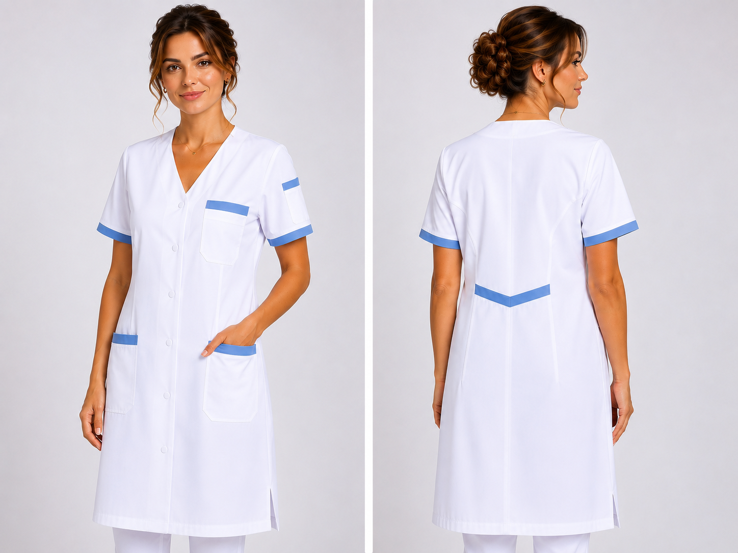 Blouse Médicale Femme Longue 100 cm – Col V, 5 Poches Fonctionnelles, 100% Coton, Usage Professionnel Santé