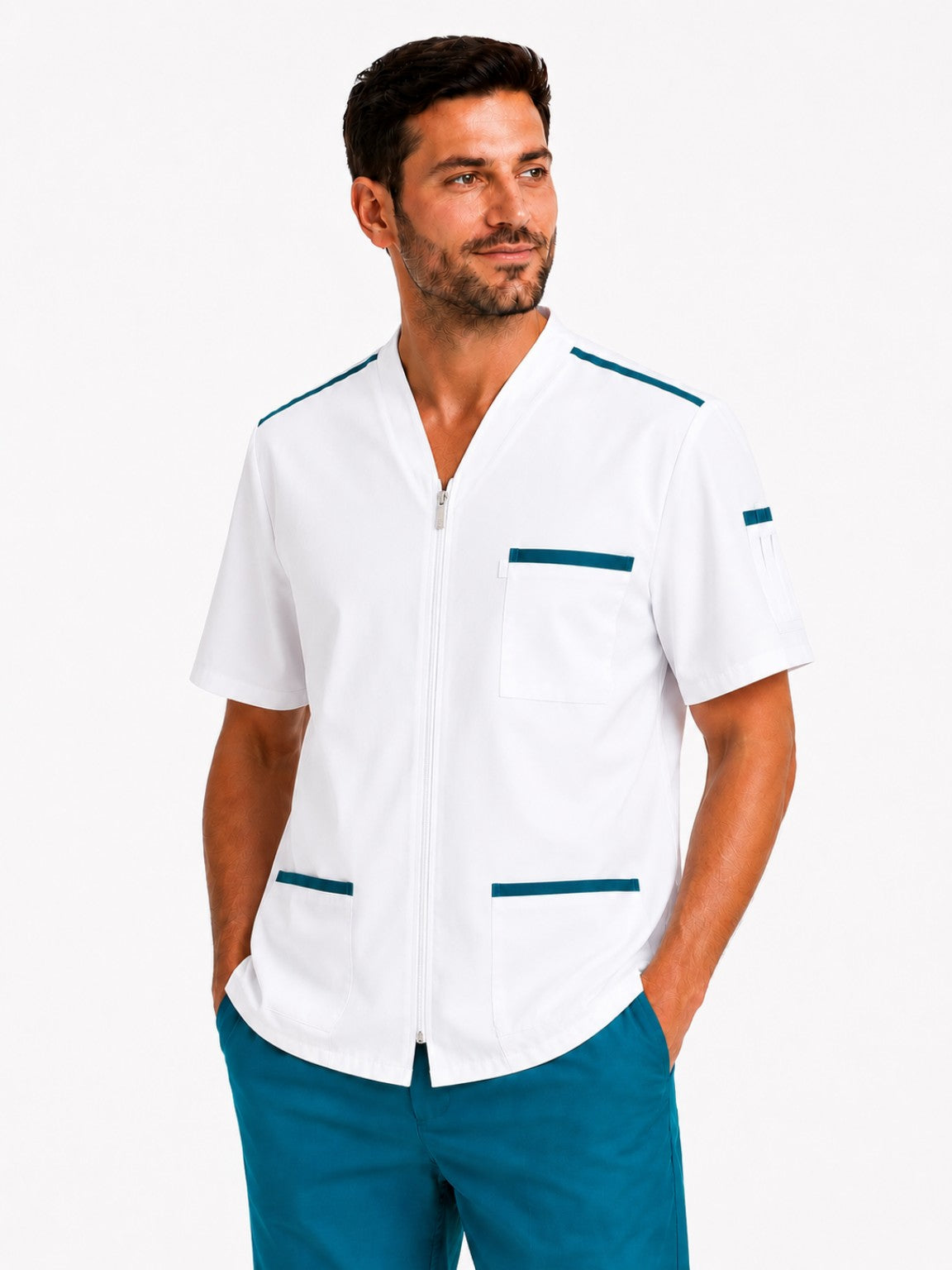 Blouse médicale homme blanche zippée 100% coton avec parements couleurs – uniforme dentiste, pharmacien, infirmier
