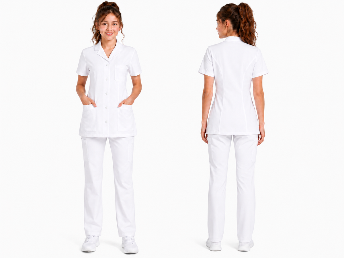 Blouse médicale femme blanche 100% coton – Col V, veste ou officier – Boutons-pression – Infirmière & aide-soignante